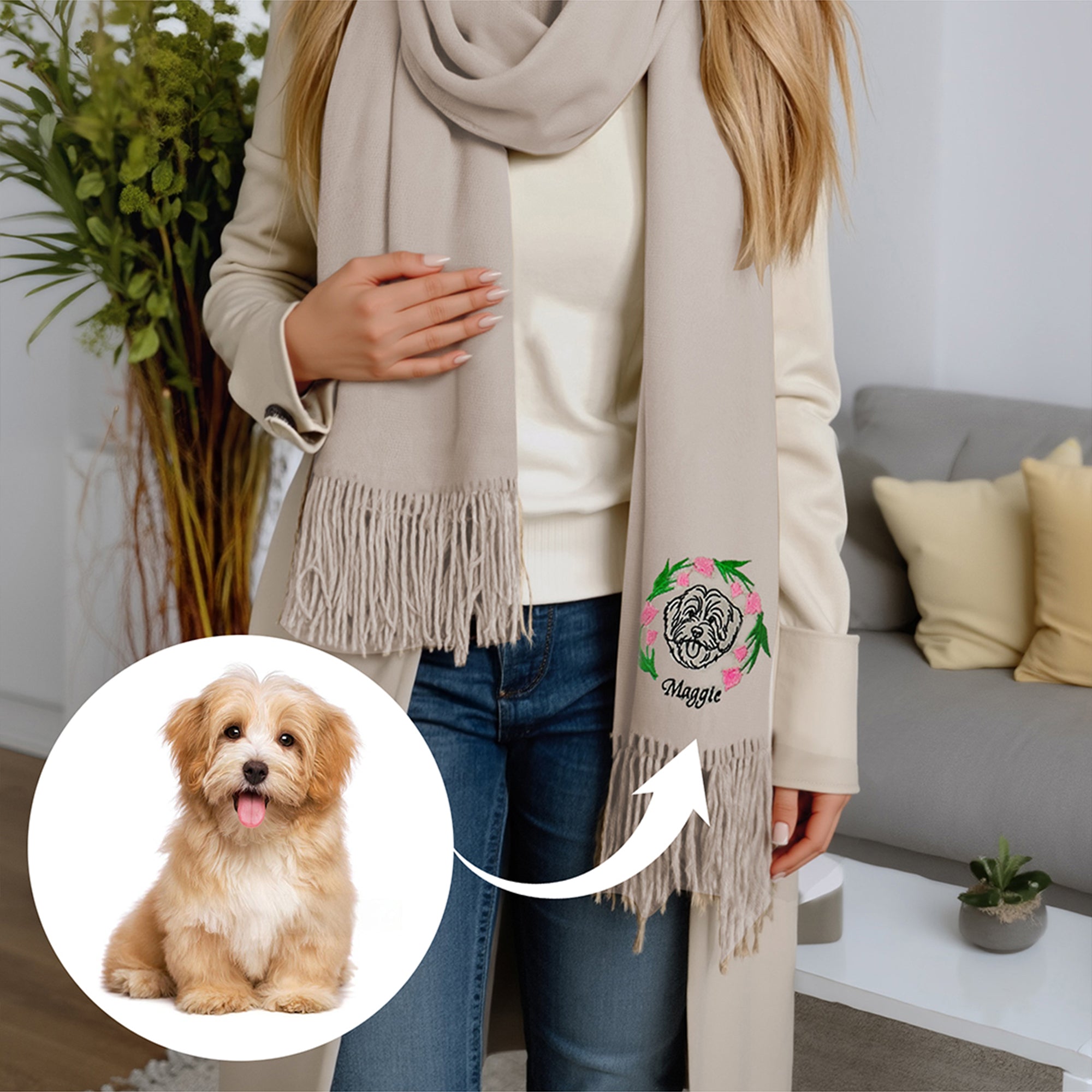 Bordado Personalizado Avatar Mascota Foto Nacimiento Flor Borla Bufanda con Nombre Accesorio Caliente Aniversario Cumpleaños Navidad Regalo para Pet Lovers