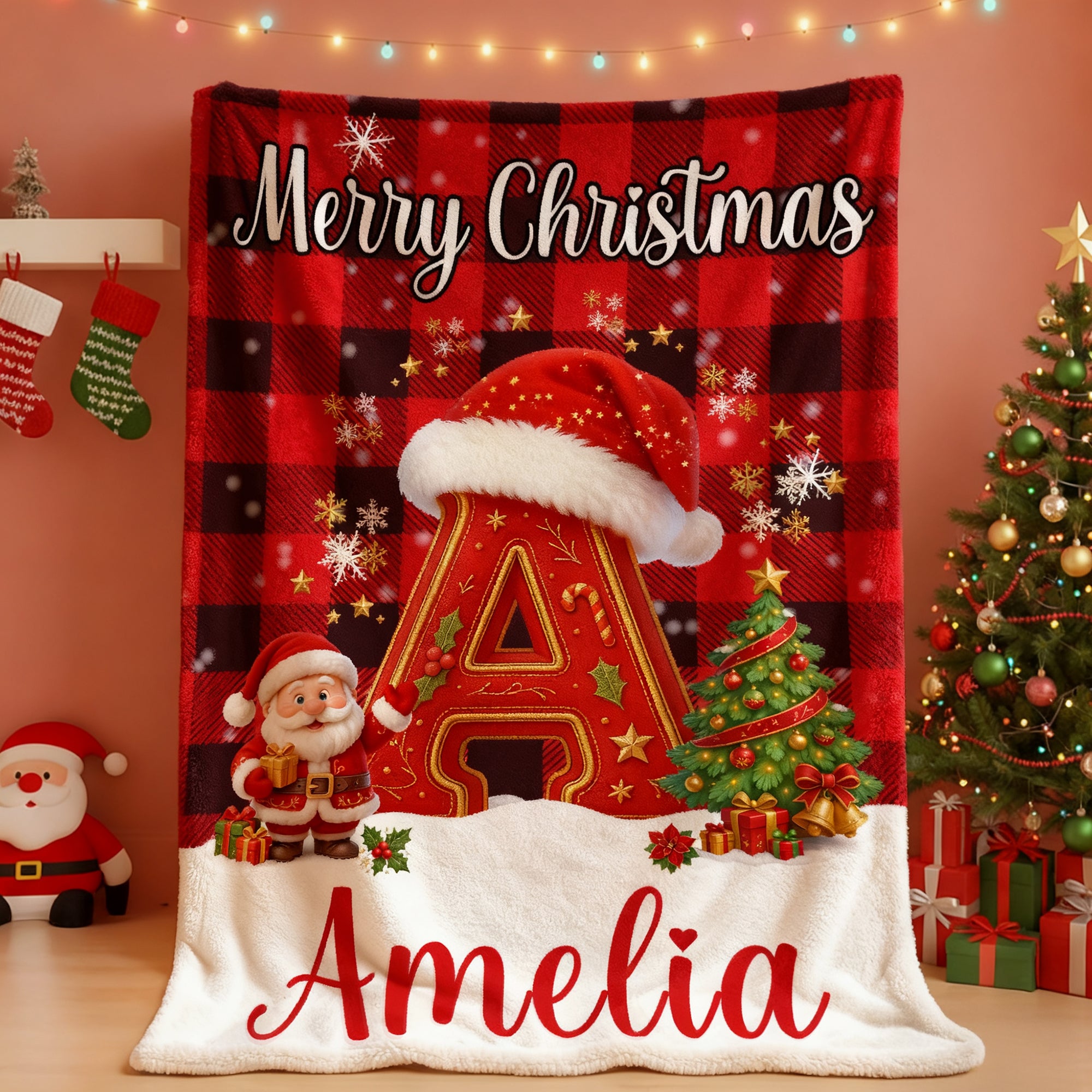 Manta personalizada con iniciales navideñas en tela escocesa y nombre Decoración del hogar Regalo de Navidad para niños Familia Amigos