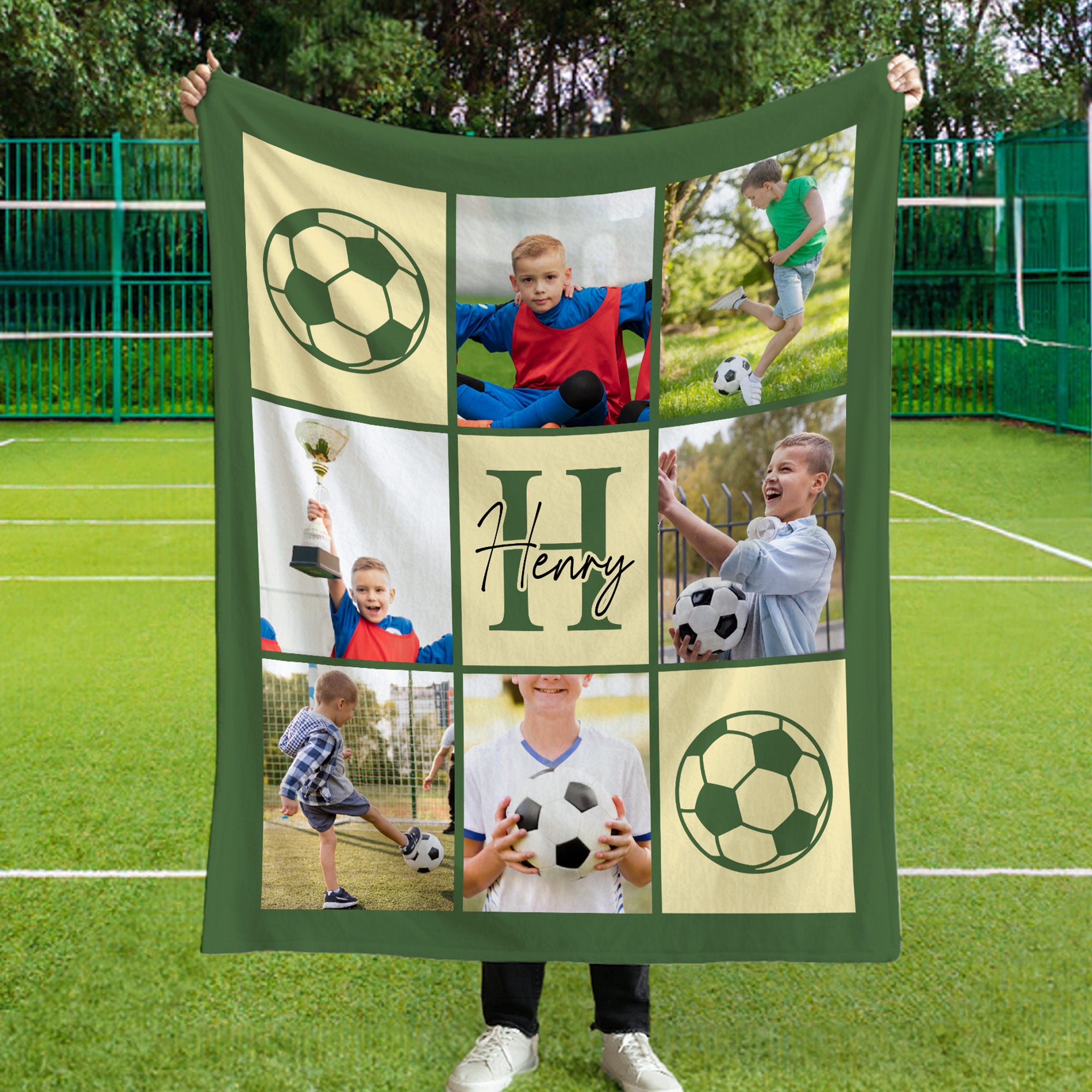 Personalizada Ball Sports 9-Grid Photos Multicolor Soft Throw Blanket with Name and Initial Christmas Birthday Gift for Athletes Sports Lovers