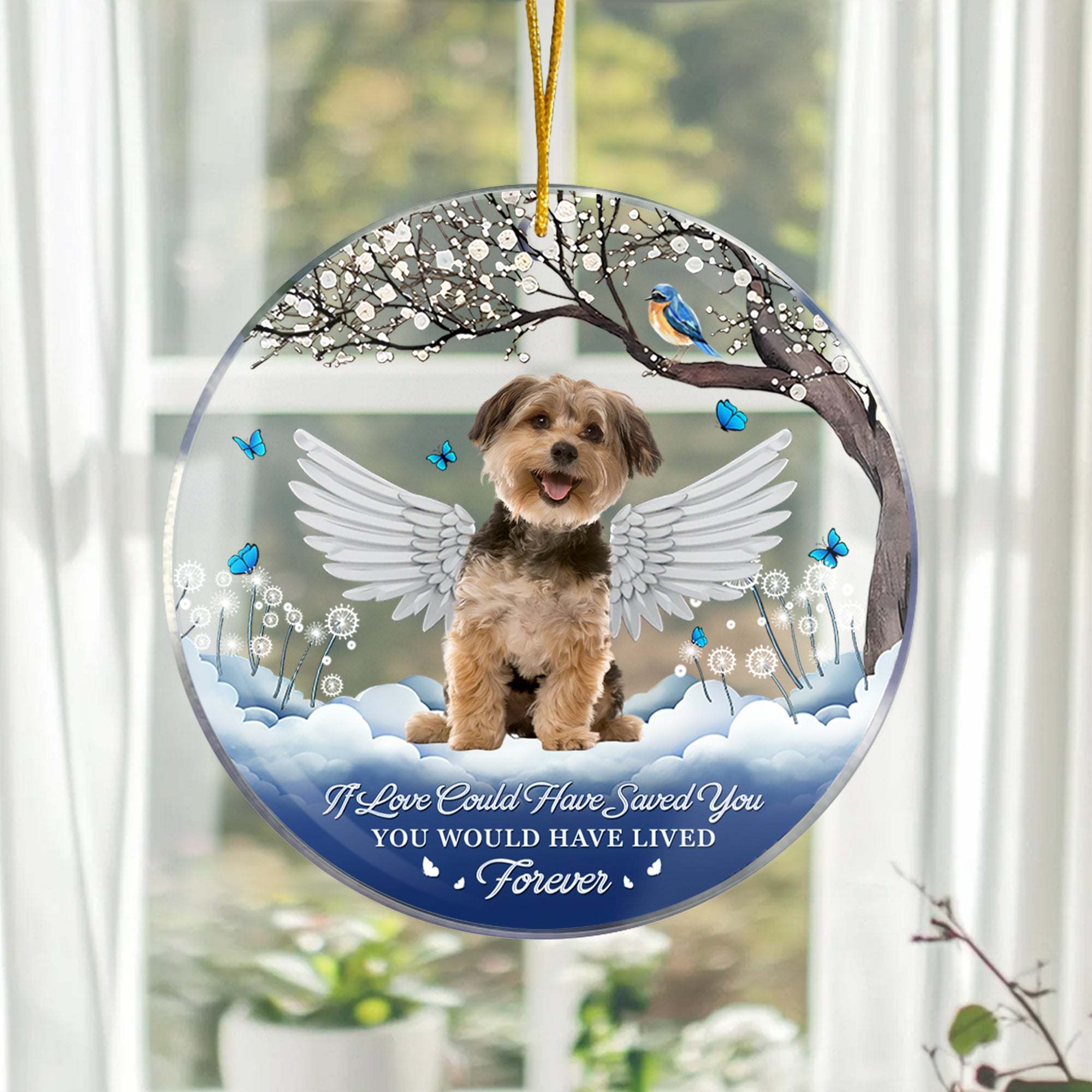Ornamento acrílico personalizado de la flor de la nube del ala del ángel con la foto y el texto Decoración casera del árbol Regalo conmemorativo de la pérdida del animal doméstico de la simpatía para