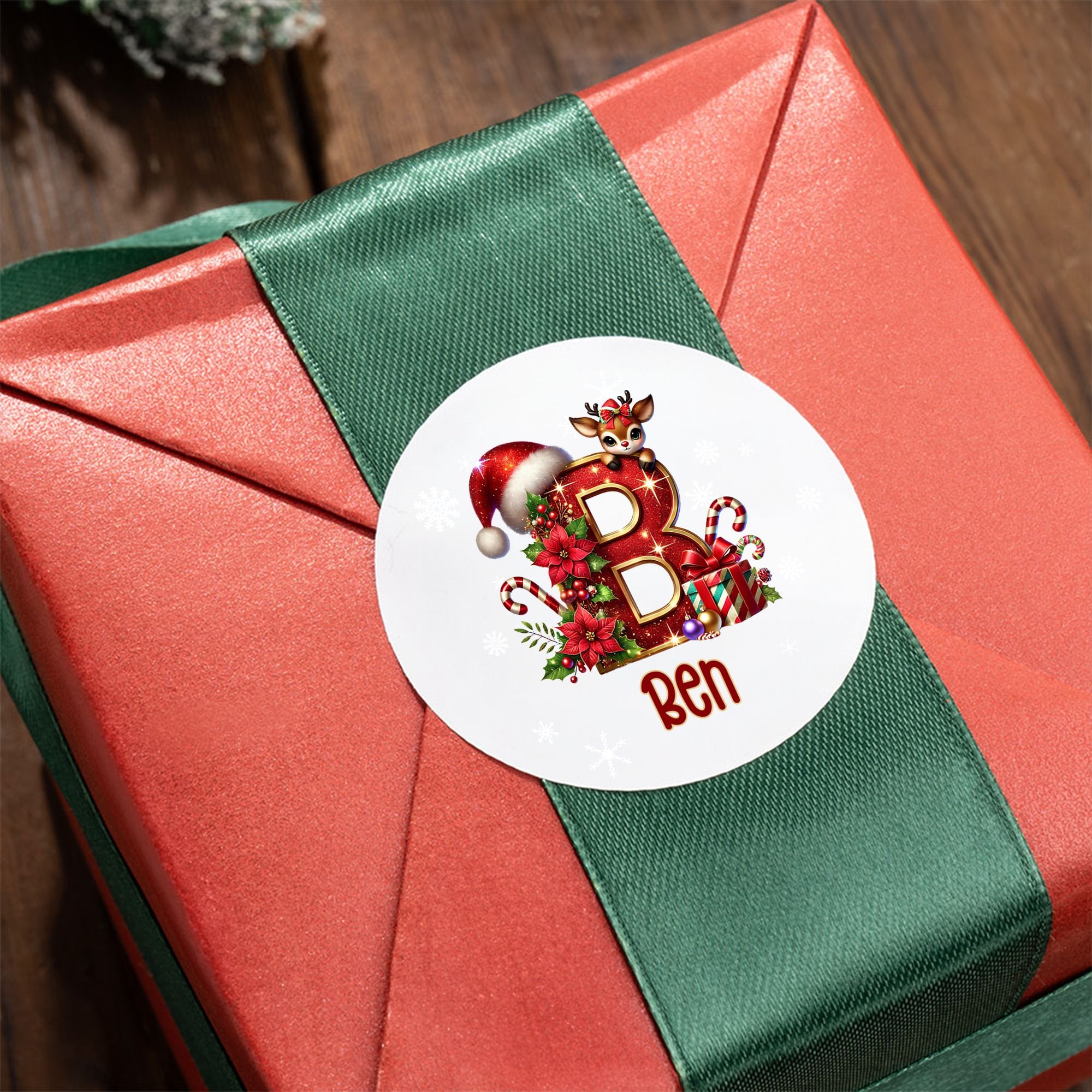 Reno Personalizado Tema de Navidad Inicial Pegatinas Impermeables Etiquetas con Nombre Decoración de Navidad Fiesta Regalos para Amigos de la Familia