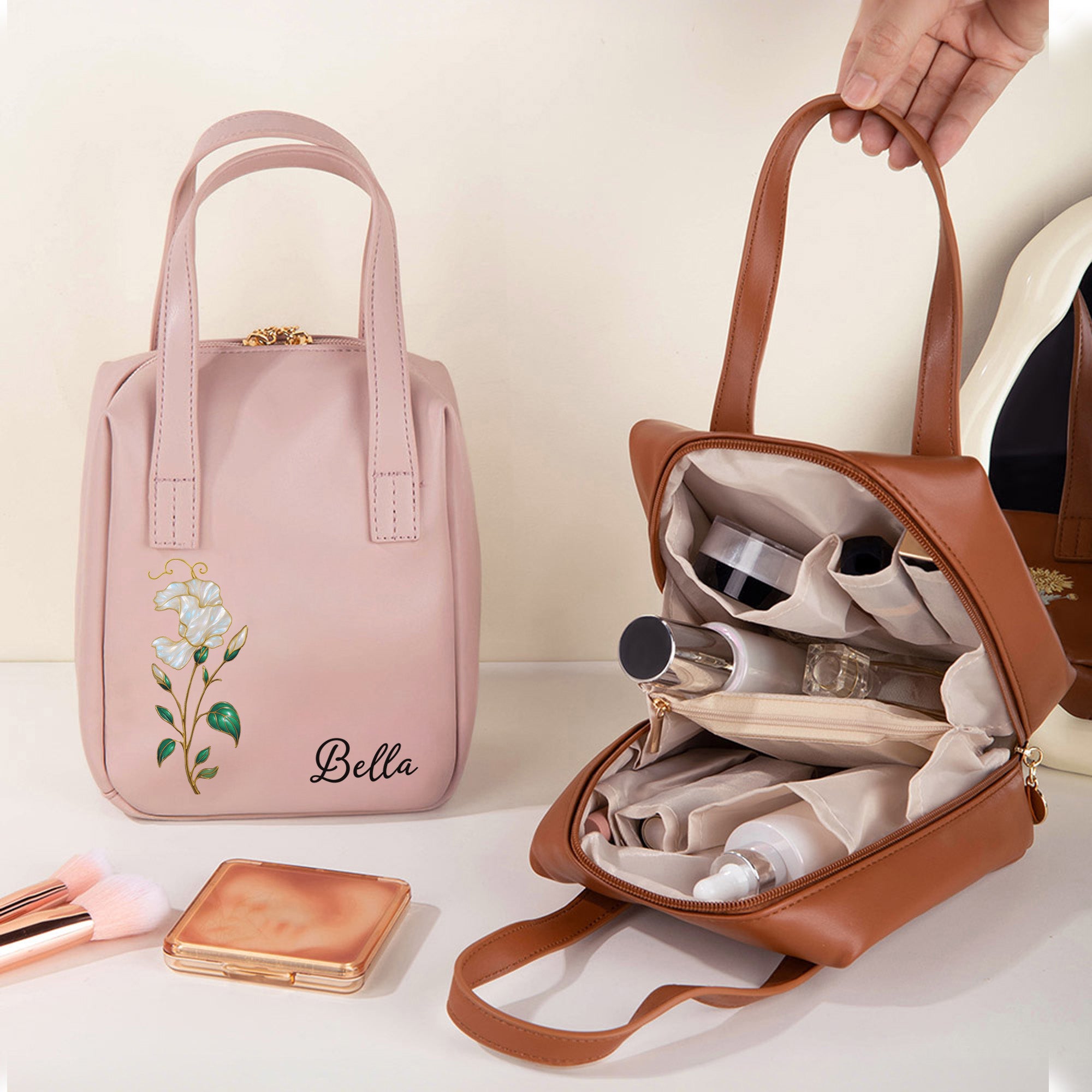 Personalizado Nacimiento Flor PU Cuero Bolsa de Maquillaje de mano con Nombre Cumpleaños Aniversario Regalo para Mujeres