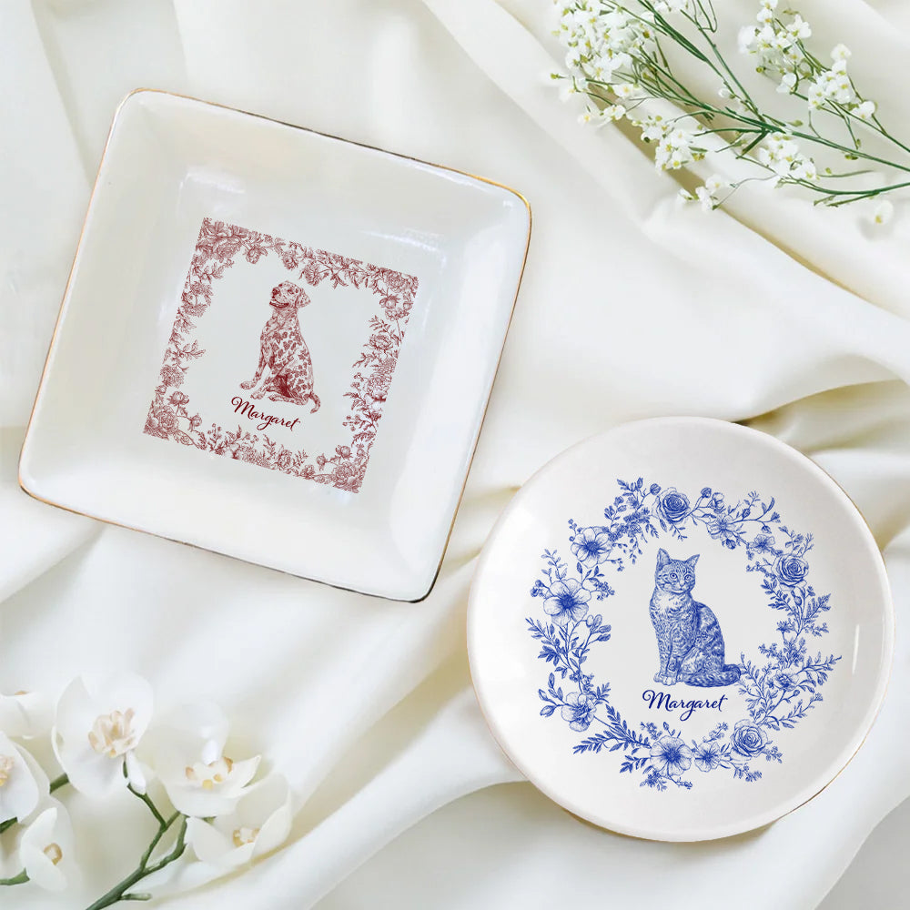 Personalizado Toile De Jouy Diseño Perro Gato Joyería Plato con Nombre Memorial Simpatía Cumpleaños Regalo para Mujeres Dueños de Mascotas