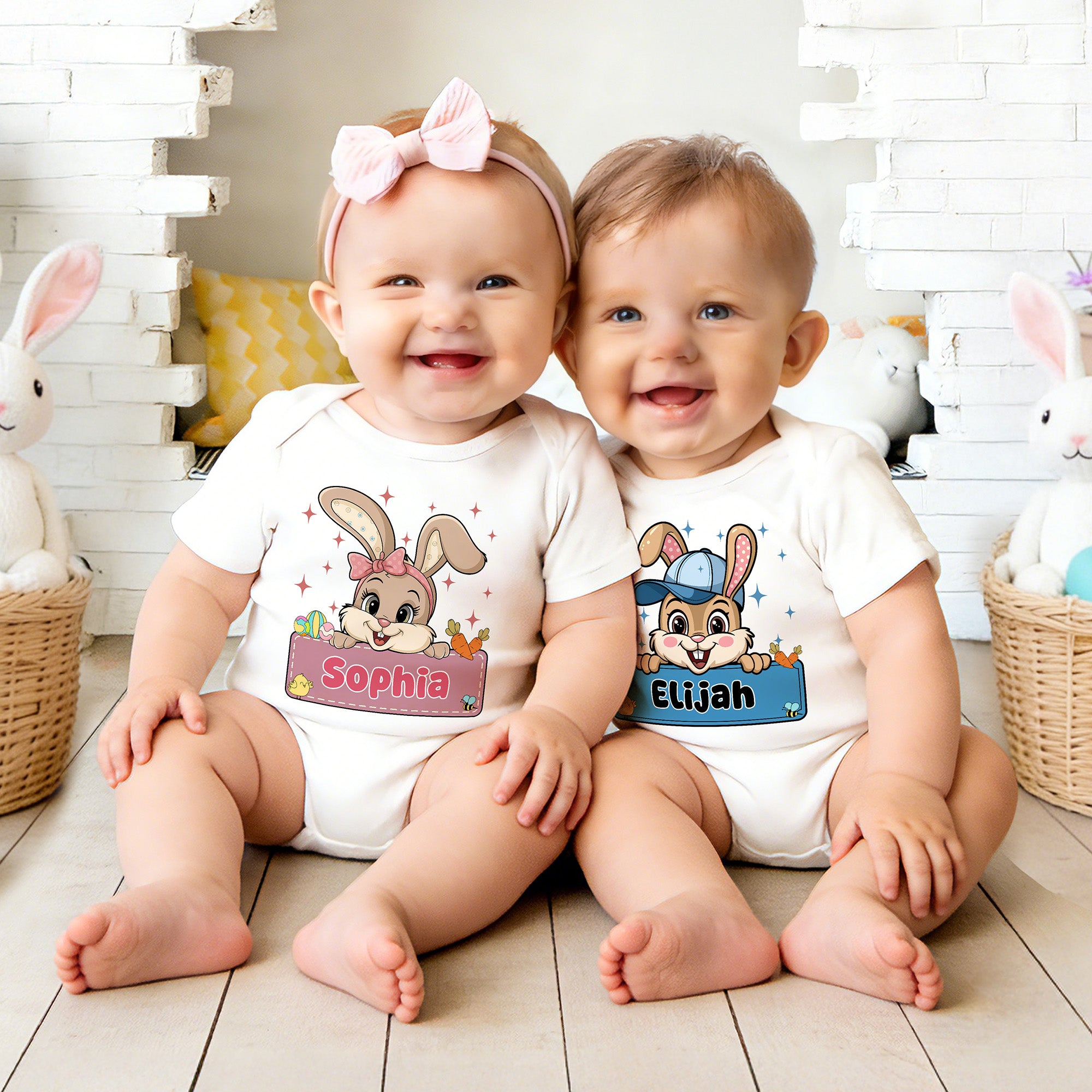 Conejito de Pascua con lazo personalizado 100% algodón Bebé Body Camiseta con nombre Fiesta de Pascua Cumpleaños Regalo para niños Niños Niñas