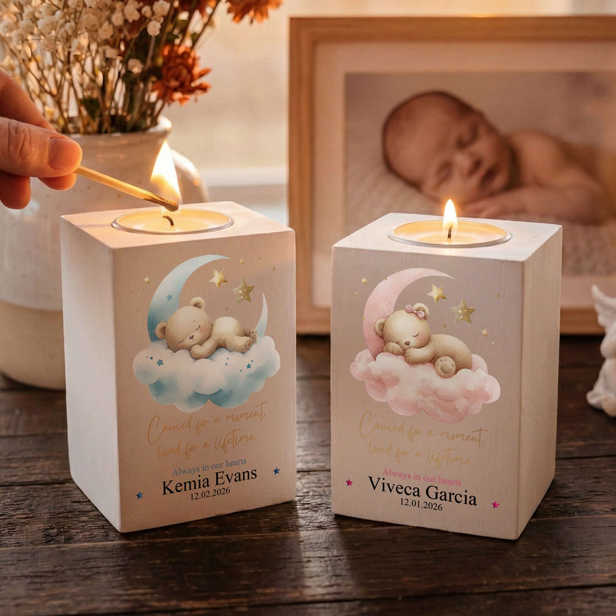 Acuarela Personalizada Oso Durmiente Tarro de Madera para Velas con Nombre y Fecha Decoración del Hogar Regalo Conmemorativo por la Pérdida de un Bebé en la Familia