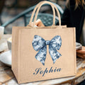 Personalizada Toile De Jouy French Retro Azul Lazo Grande Bolsa de Yute Tote con Nombre Viaje Esencial Playa Cumpleaños Regalo para Mujer