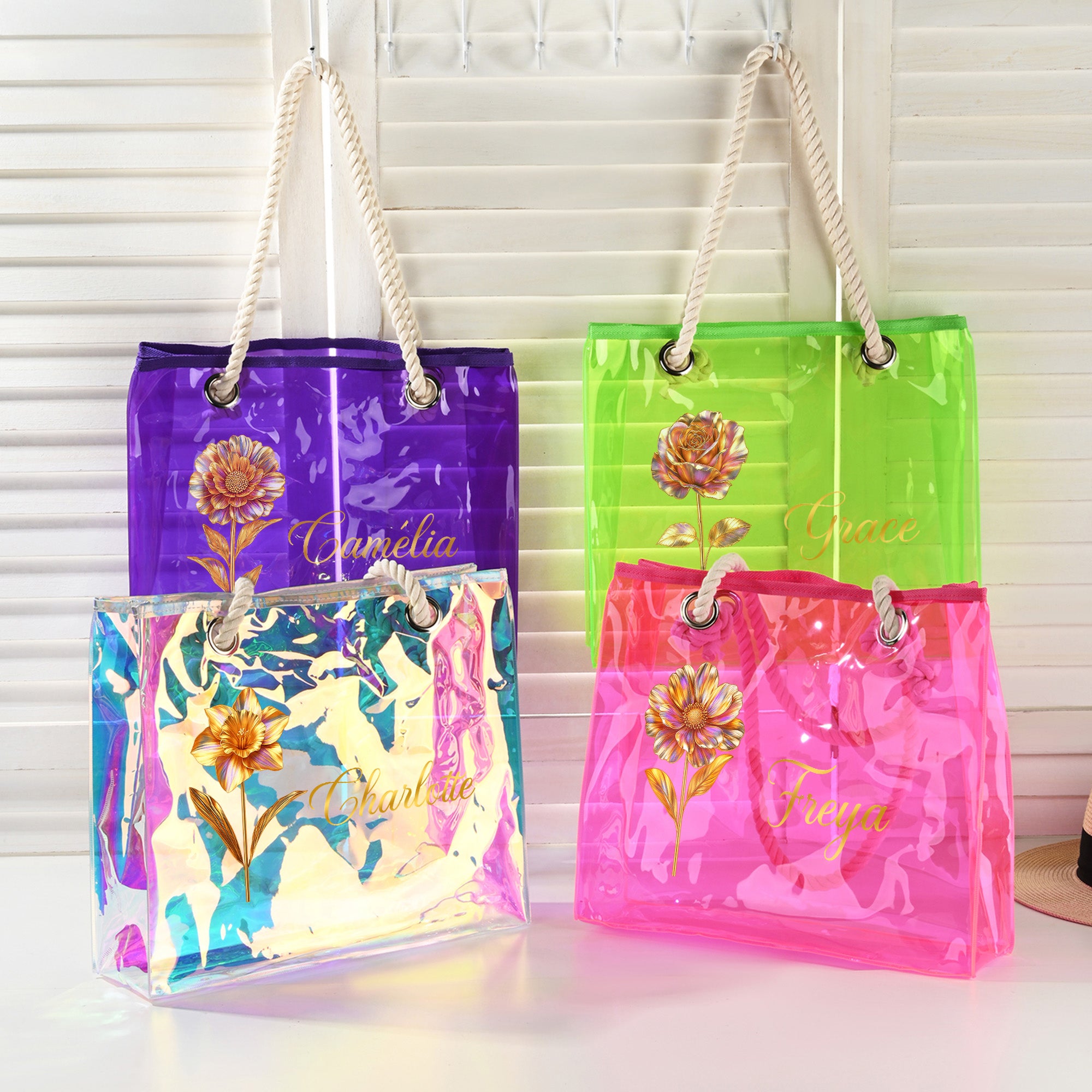 Personalizada Oro Nacimiento Flor Claro Bolsa Tote con Nombre Viaje Esencial Boda Cumpleaños Regalo para Novia Amiga