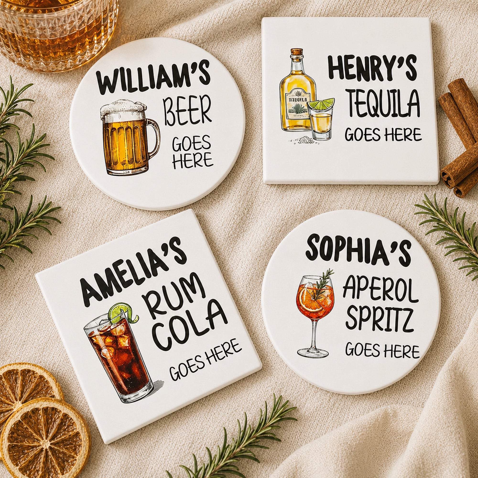 Posavasos de cerámica redondo cuadrado de diseño retro personalizado con nombre Decoración del hogar Cumpleaños Café Bar Regalo para amigo de la familia