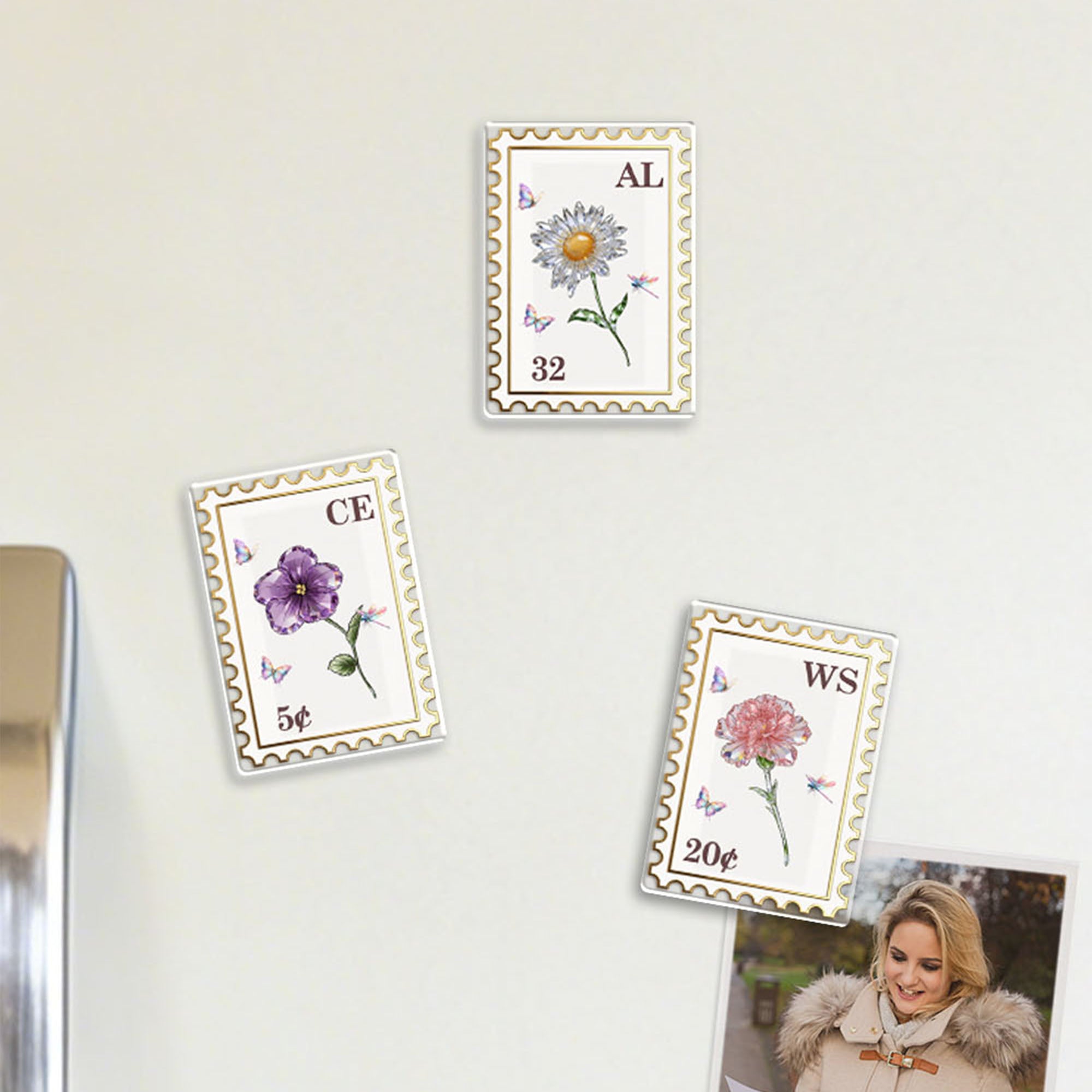 Personalizada de cristal de nacimiento de flores sello postal imán de nevera de acrílico con iniciales decoración del hogar regalo de cumpleaños para la familia amigo