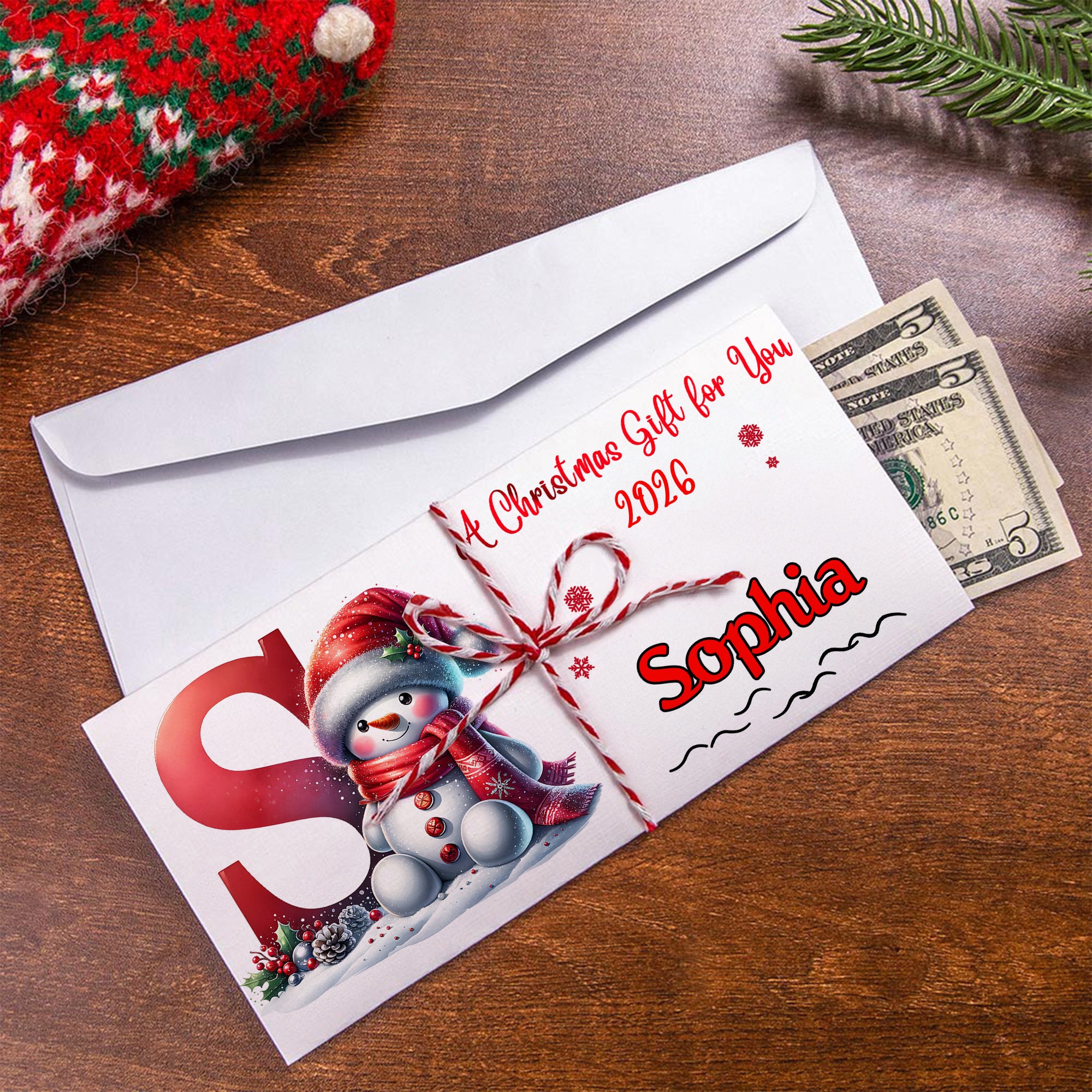 Gorro de Papá Noel personalizado Muñeco de nieve Monedero con nombre para guardar dinero en efectivo Tarjeta regalo Incluye sobre gratis Regalo ideal de Navidad para niños