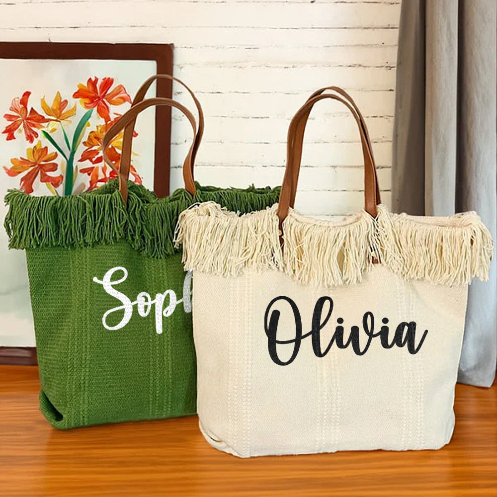 Bolsa de lona de gran capacidad personalizada con borla, nombre y asa de piel Accesorios de viaje Día de la Madre Regalo de cumpleaños para mujer