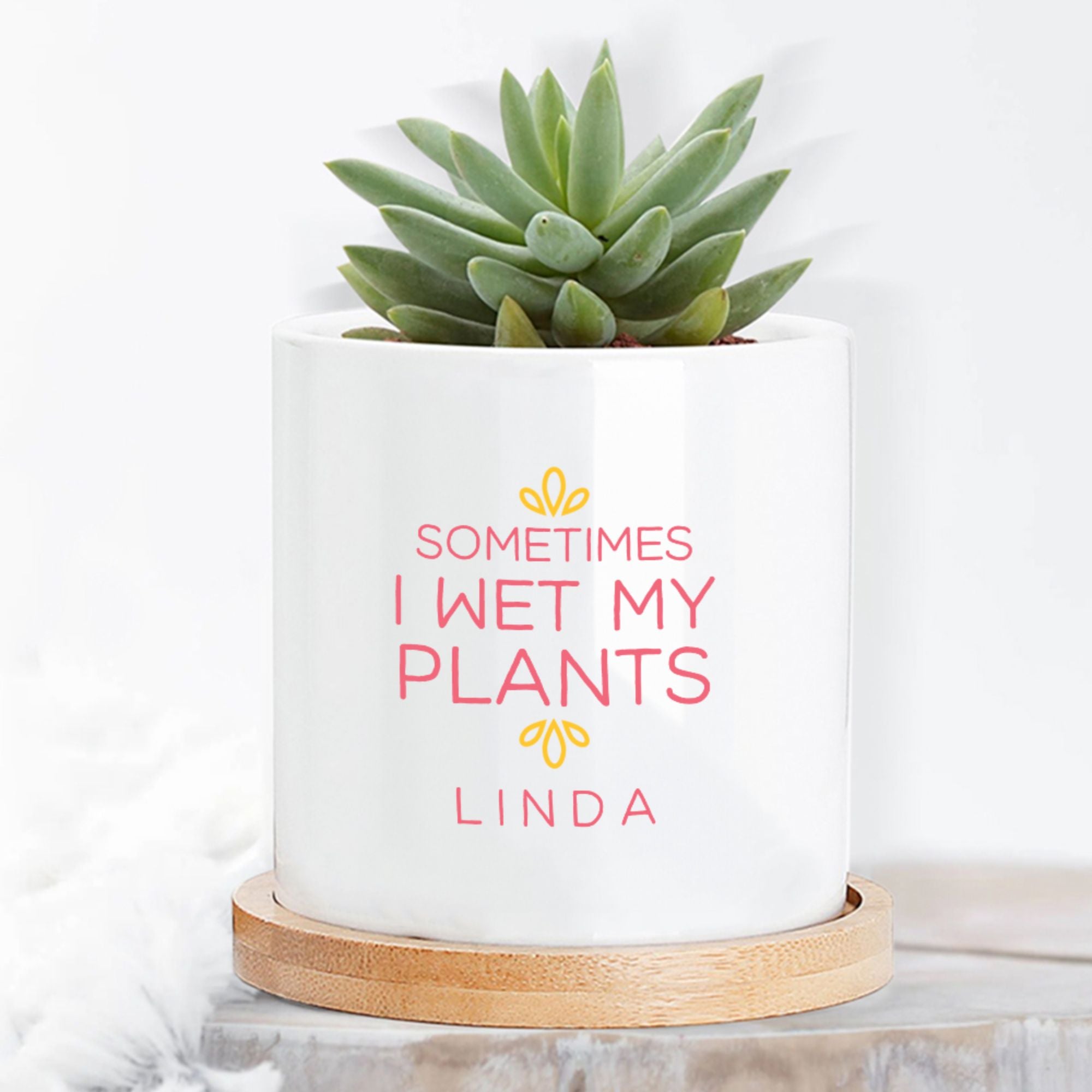 Maceta de cerámica personalizada con nombre, texto y base de bambú Decoración de escritorio Regalo de cumpleaños para amantes de las plantas