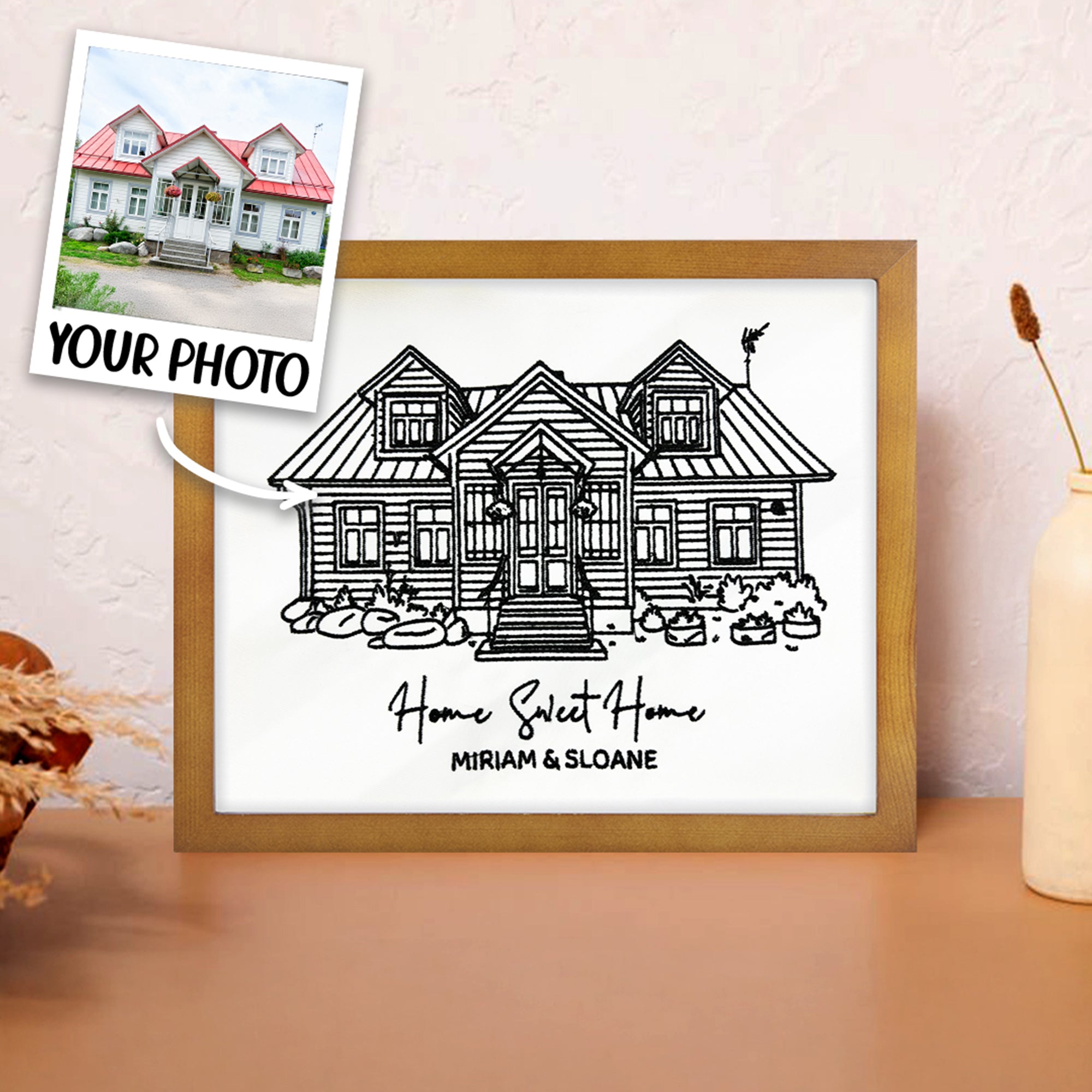 Casa Personalizada Foto Línea Bordado Enmarcado Pintura con Texto Decoración de Pared Aniversario Housewarming Boda Navidad Regalo para Amigos