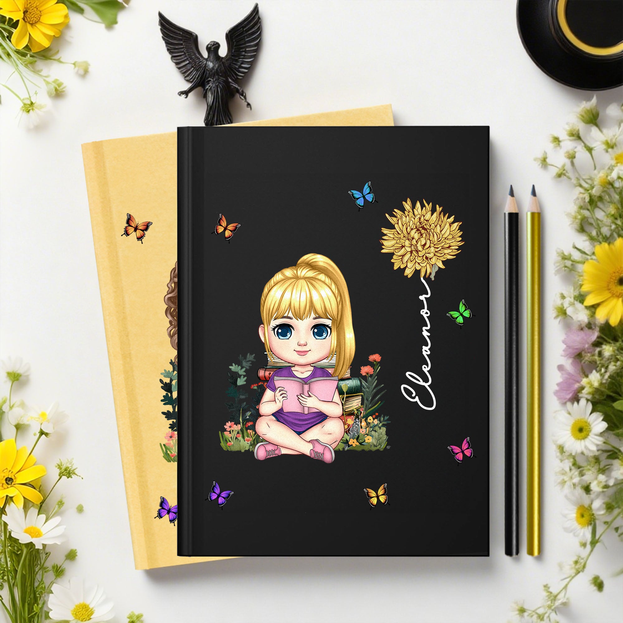 Personalizada Nacimiento Flor Cartoon Lectura Carácter A5 Cuaderno rayado con nombre y lápiz Regalo de cumpleaños para amigos de la familia