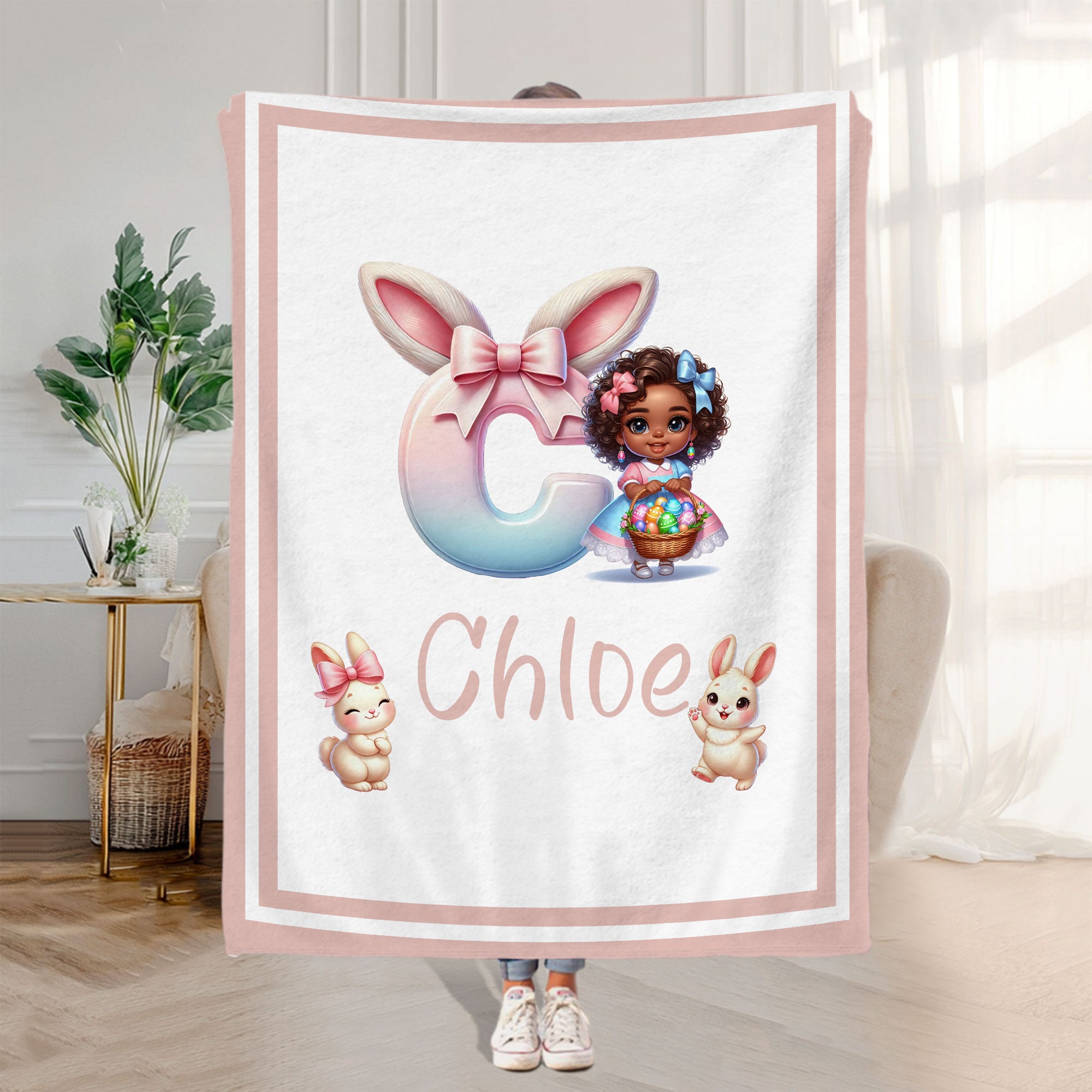 Manta negra personalizada de dibujos animados para niña con nombre Decoración del hogar Regalo de cumpleaños de Pascua para niñas