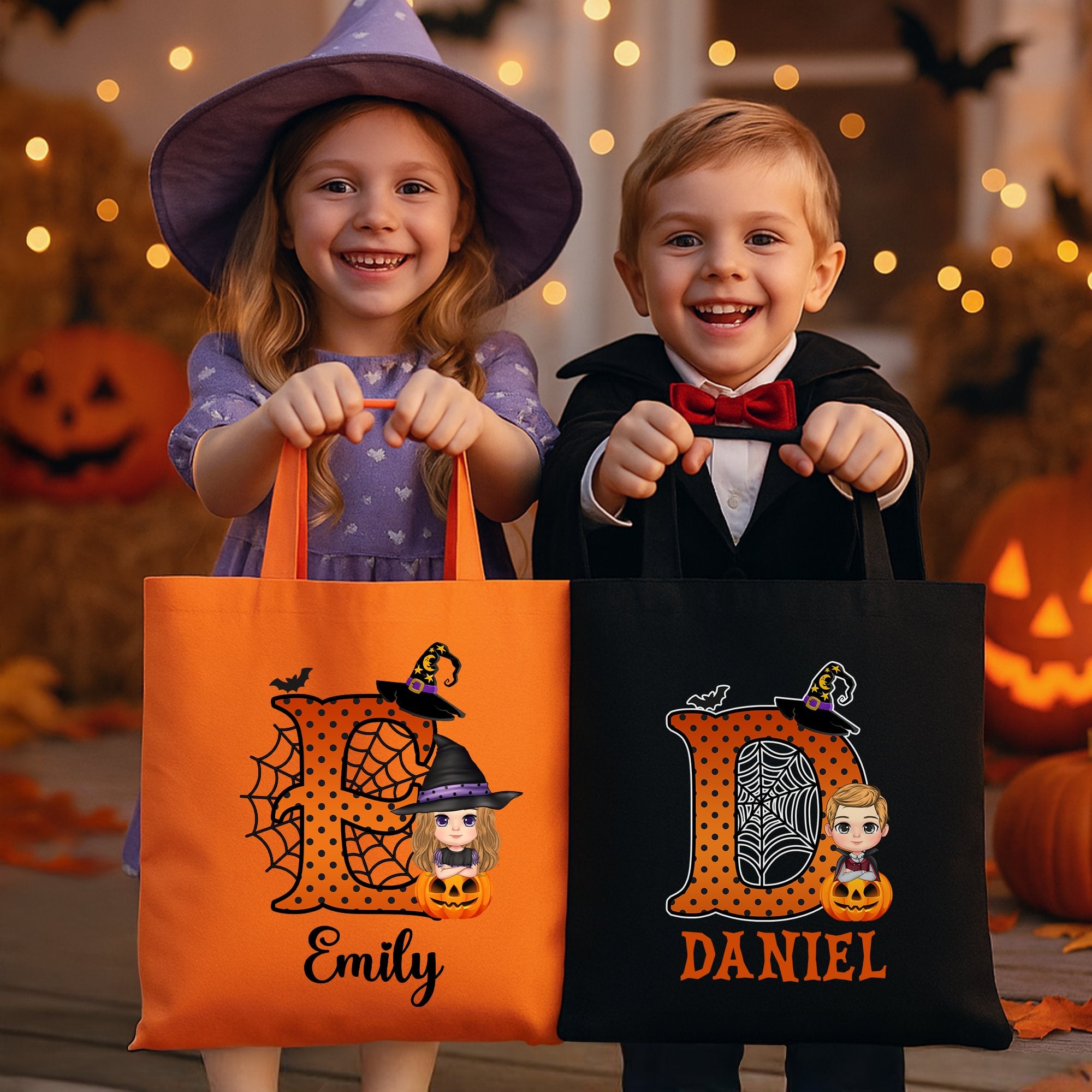 Personalizada Spider Web Inicial Cartoon Personaje Calabaza Bolsa de lona reutilizable con nombre Halloween Fiesta Regalos para niños
