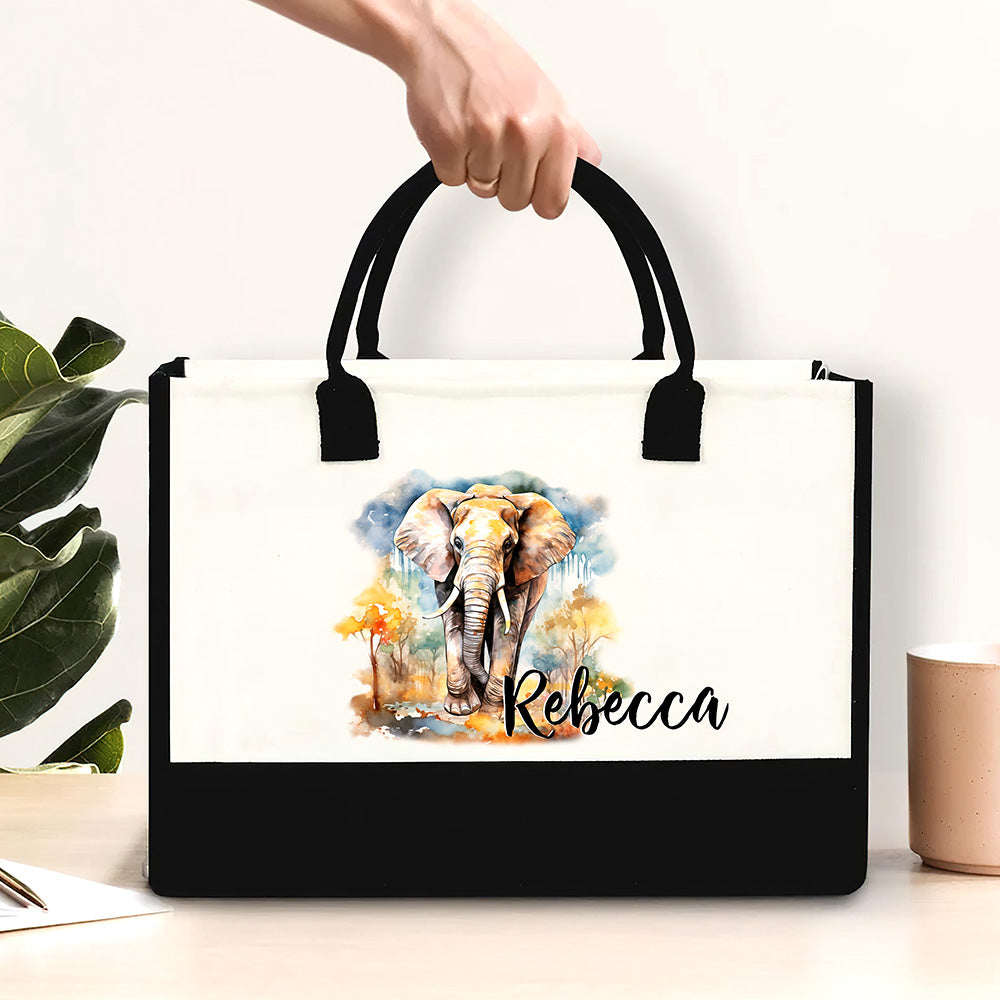 Personalizado lindo elefante de acuarela Bolsa de lona grande con nombre Cumpleaños Agradecimiento Regalo para los amantes del elefante Amigo de la familia