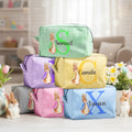 Personalizado lindo Peter Rabbit rayas multicolores bolsa de maquillaje con nombre y cremallera de viaje de Pascua regalo de cumpleaños para las mujeres niñas