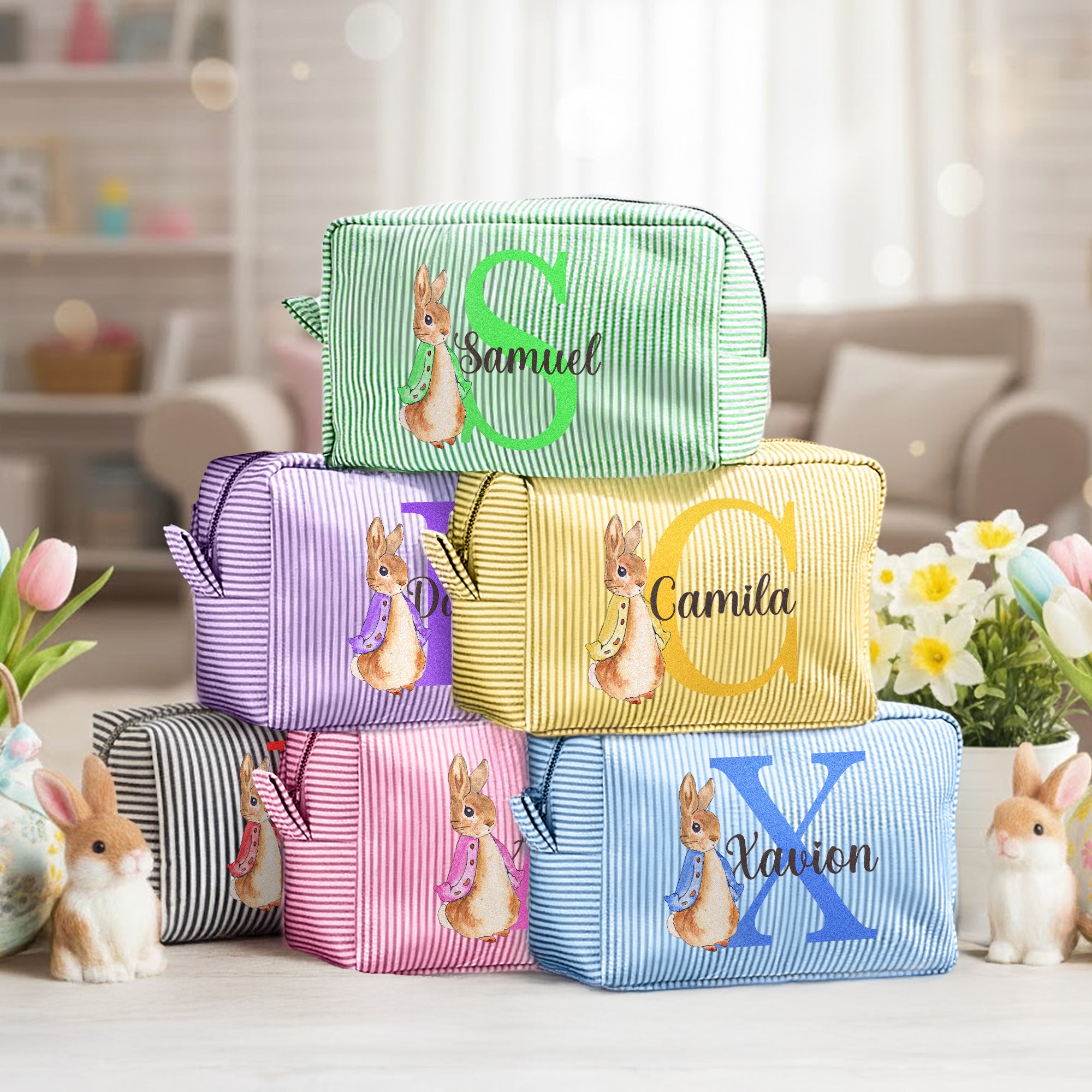 Personalizado lindo Peter Rabbit rayas multicolores bolsa de maquillaje con nombre y cremallera de viaje de Pascua regalo de cumpleaños para las mujeres niñas
