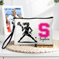 Bolsa de cosméticos personalizada con silueta de jugador de lacrosse, nombre con inicial y muñequera Regalo de cumpleaños del día del partido para los amantes del lacrosse