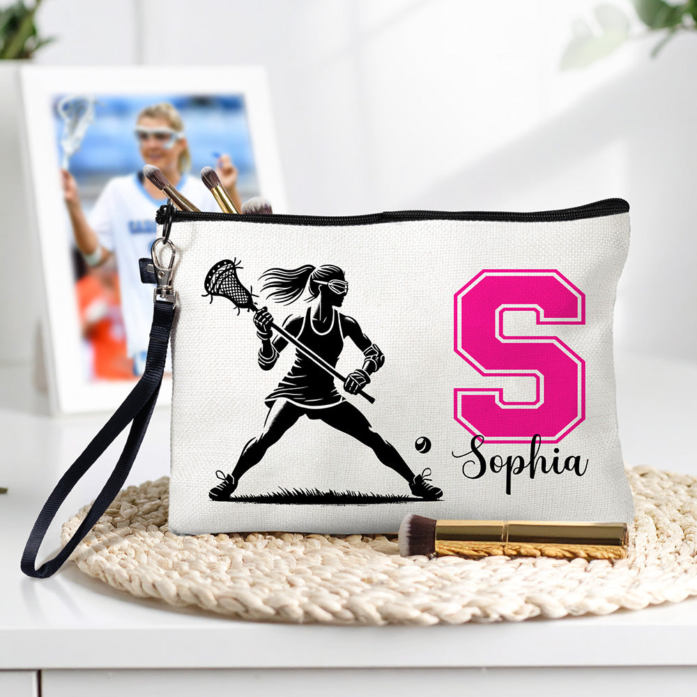 Bolsa de cosméticos personalizada con silueta de jugador de lacrosse, nombre con inicial y muñequera Regalo de cumpleaños del día del partido para los amantes del lacrosse