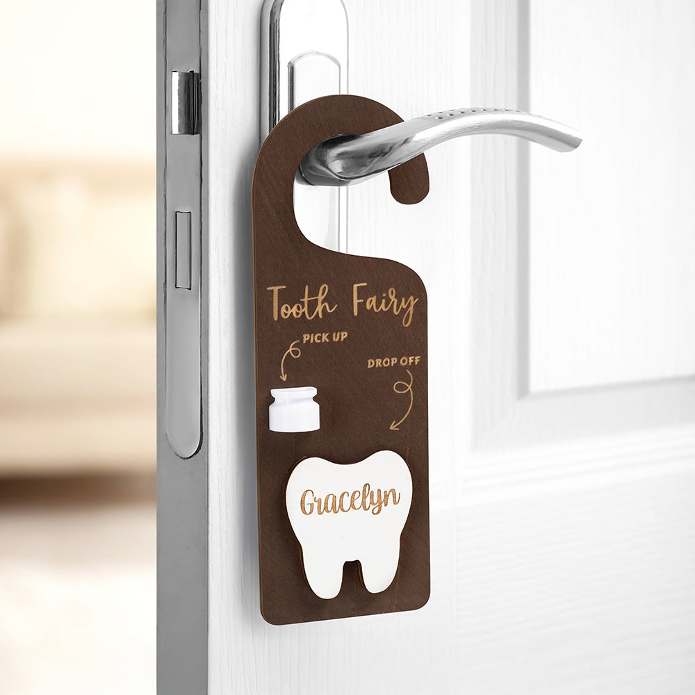Hada de los Dientes Personalizada Colgador de Puerta de Madera Caja para Recoger Dientes con Nombre Grabado Decoración de Dormitorio Regalo para Niños Niñas