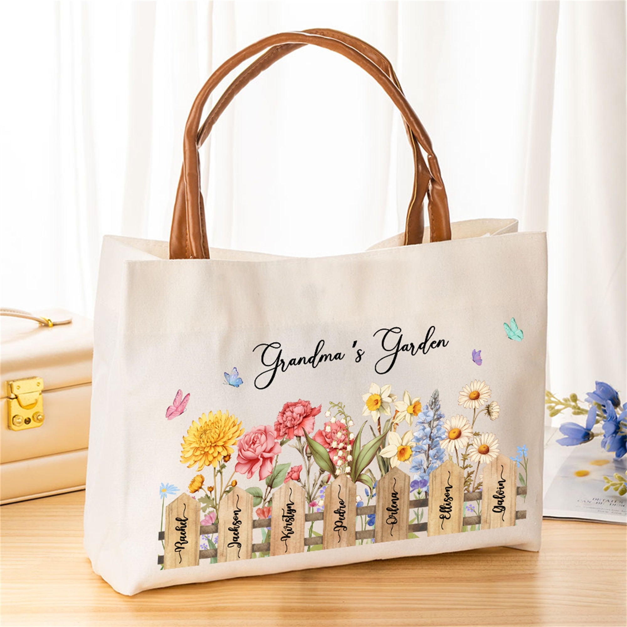 Nacimiento Personalizado Flor Bolsa de lona con nombre y asa Cumpleaños Regalo de dama de honor para las mujeres
