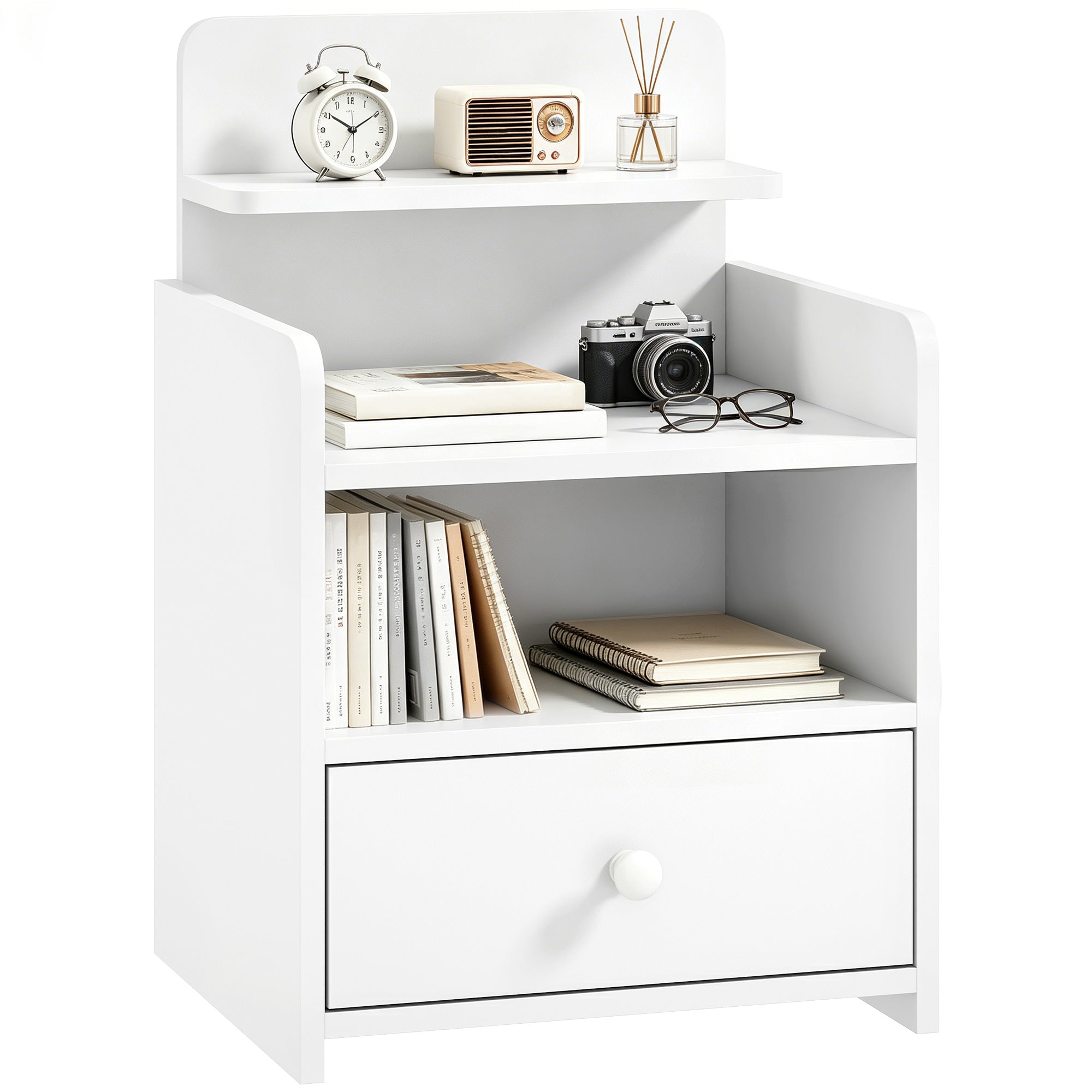 Modern Bedside Table with Drawer & Shelf, White
