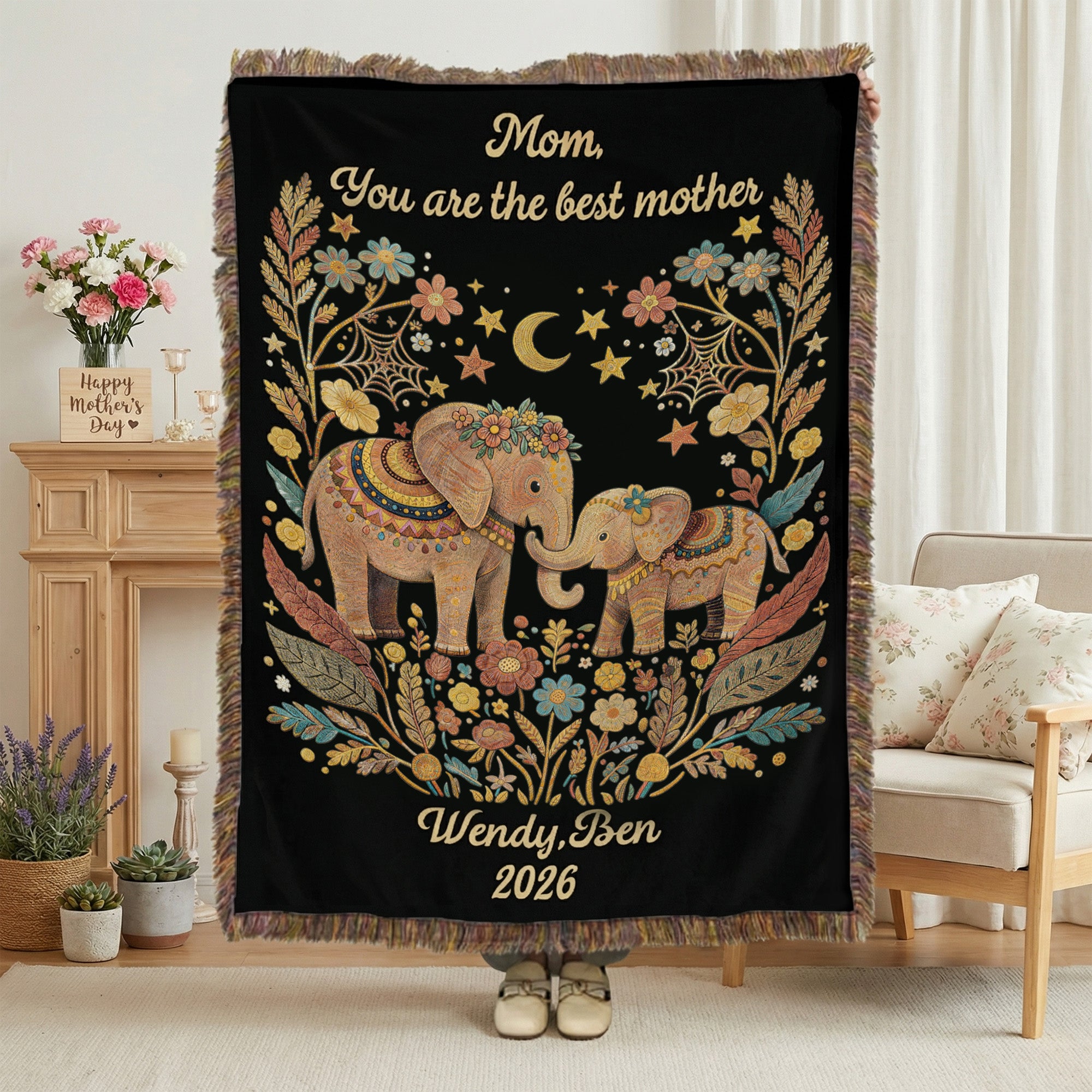 Manta personalizada con borla de elefante estilo bohemio con nombre título año fecha cumpleaños día de la madre regalo para mamá abuela