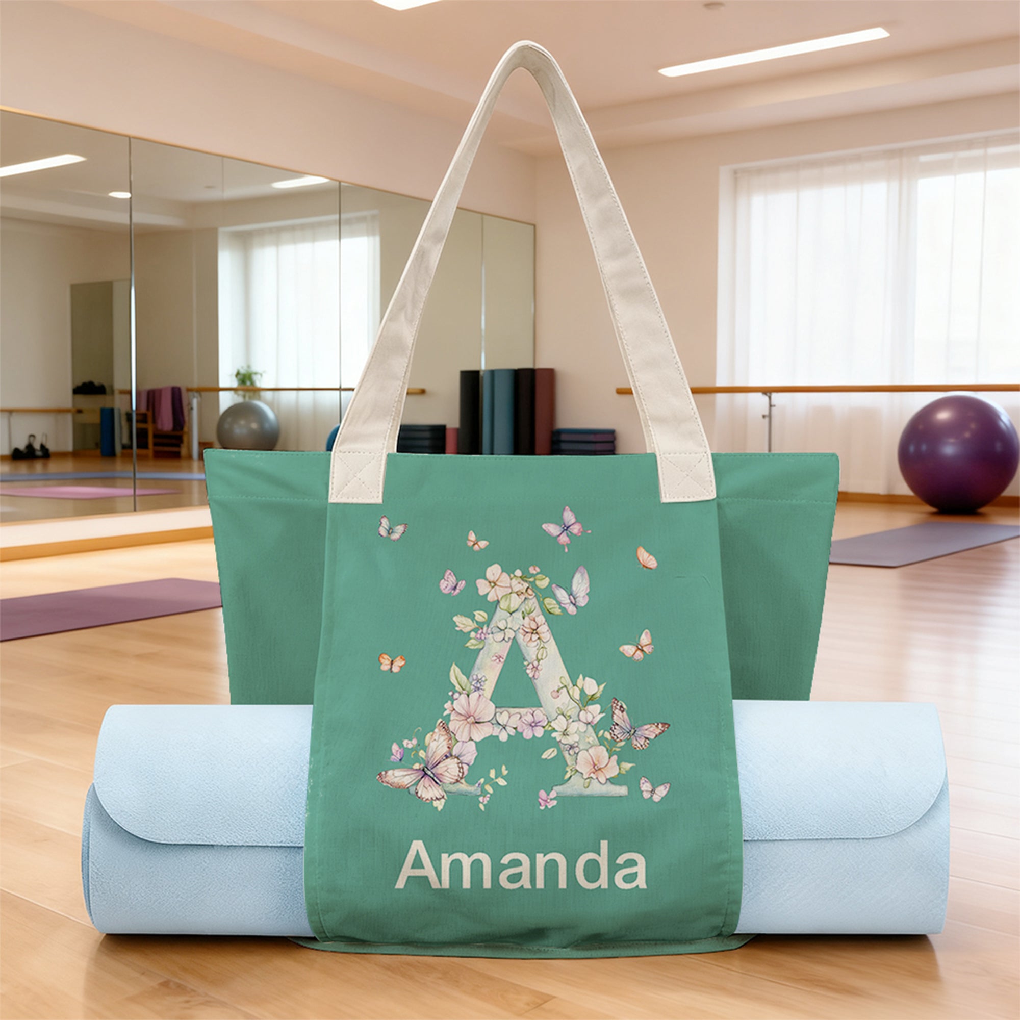 Bolsa para esterilla de yoga de gran capacidad personalizada con iniciales de mariposa y nombre Accesorio de fitness Regalo de cumpleaños para mujeres amantes del yoga