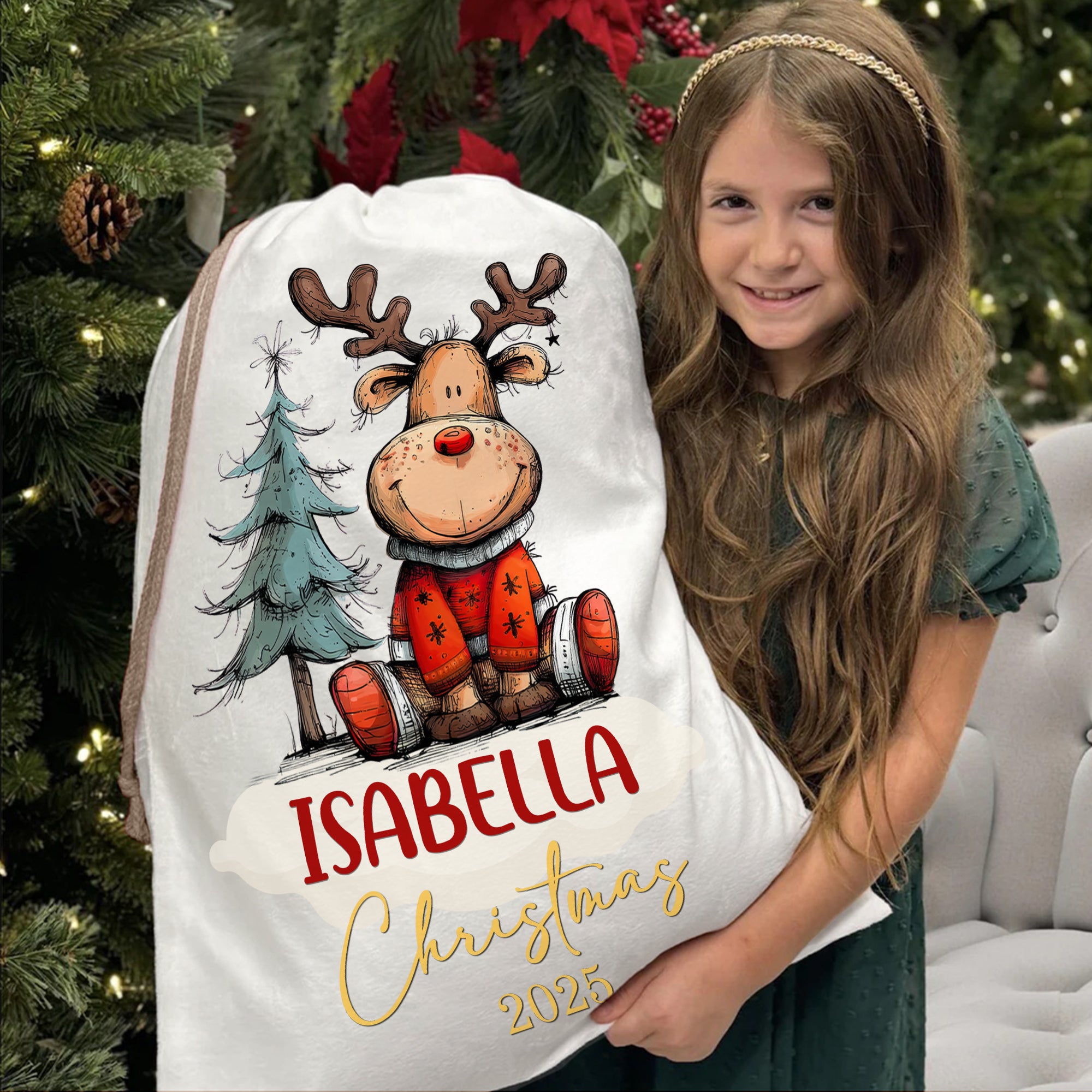 Bolsa de regalo de Navidad con cordón personalizada con el nombre de un simpático alce de dibujos animados Regalo de Navidad para niños Familia