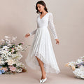 Bridal Wedding Dress White Long Sleeve Asymmetrical V-Neck A-line Lace