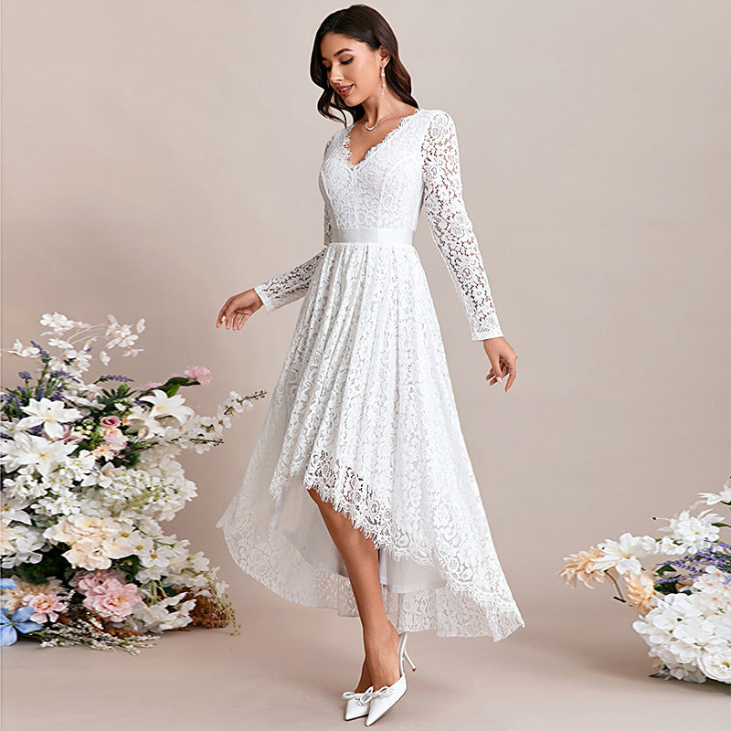Bridal Wedding Dress White Long Sleeve Asymmetrical V-Neck A-line Lace