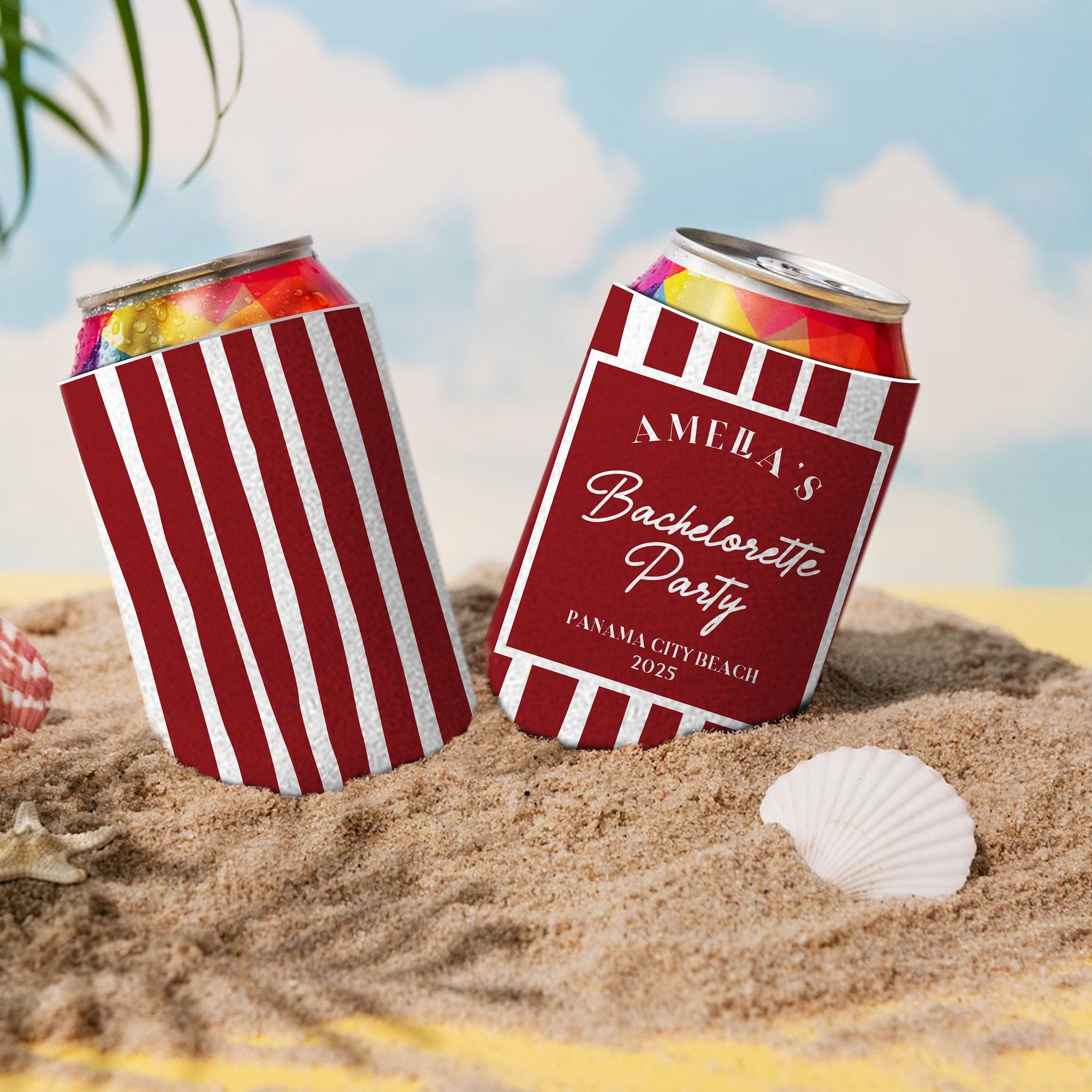 Despedida de soltera personalizada Rayas Lata de cerveza aislante Manga Cooler con nombre Fecha y Lugar Fiesta en la playa Boda Regalo para damas de honor