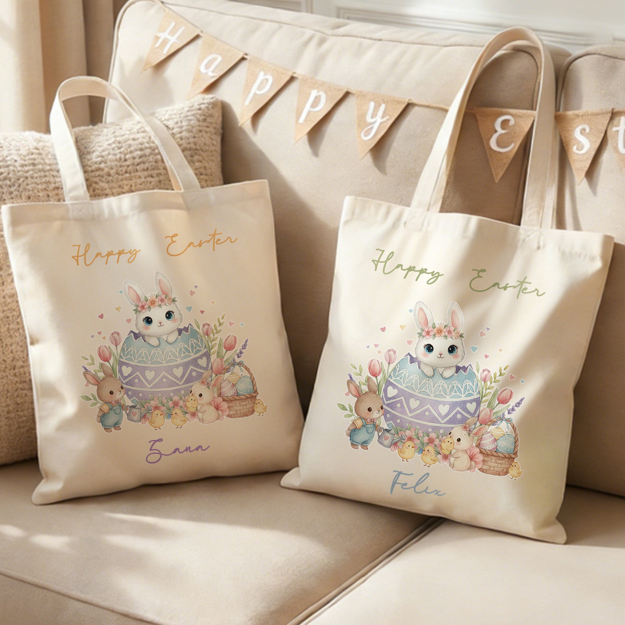 Conejito de Pascua feliz personalizado Bolsa de lona reutilizable con nombre Regalo de Pascua de uso diario para niños Mujeres