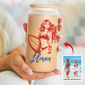 Vaso de cristal esmerilado o transparente con tapa y pajita personalizado con figura multicolor de surfista oceánico Regalo de cumpleaños para fiesta en la playa para amantes del surf