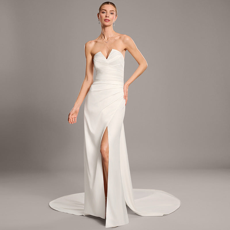 Bridal Wedding Dress Ivory Sleeveless Long Sheath Satin
