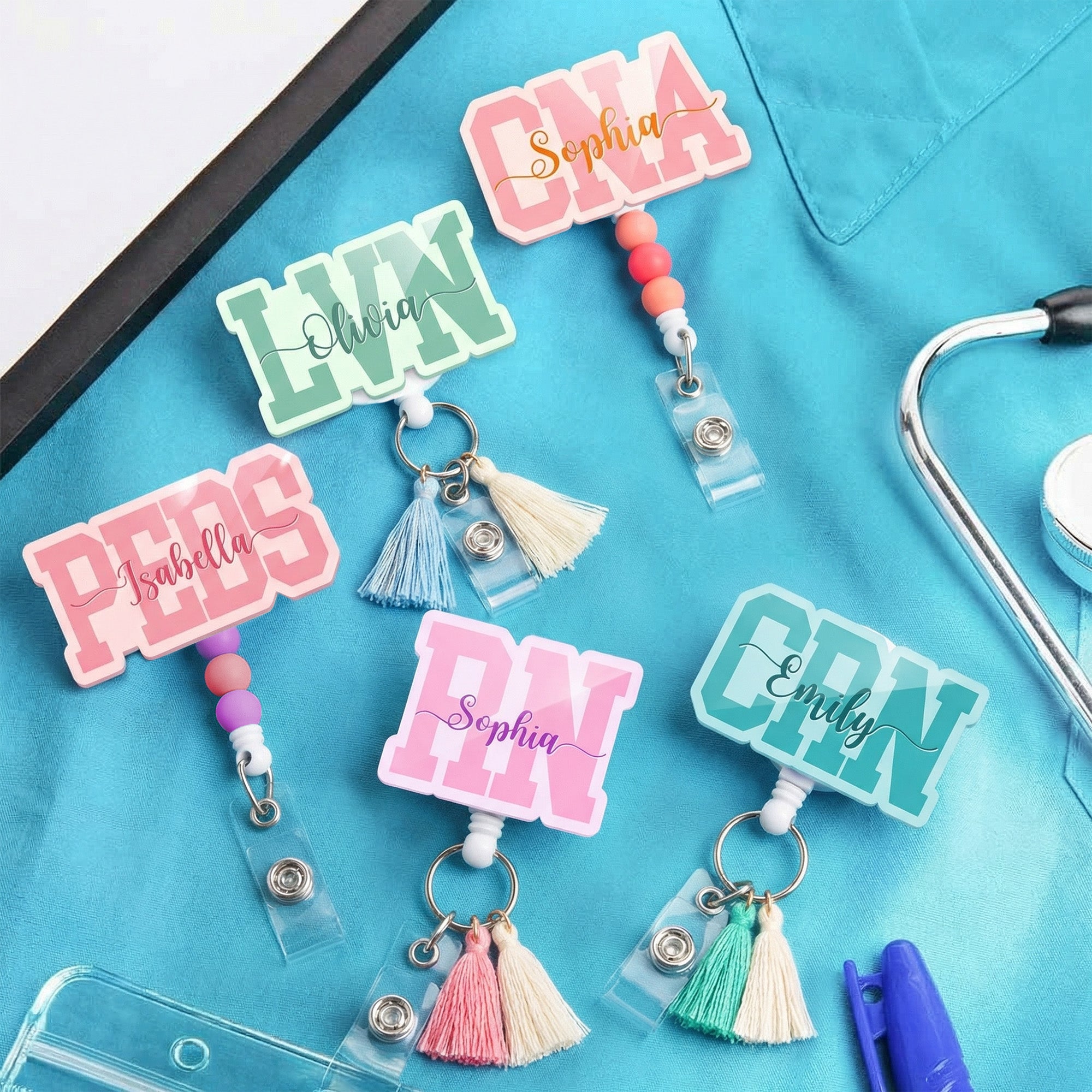 Personalizado Multi-Color Borla Cuentas Enfermera Insignia Carrete con Nombre Enfermera Clínica Uso Cumpleaños Regalo para Enfermera Personal Médico