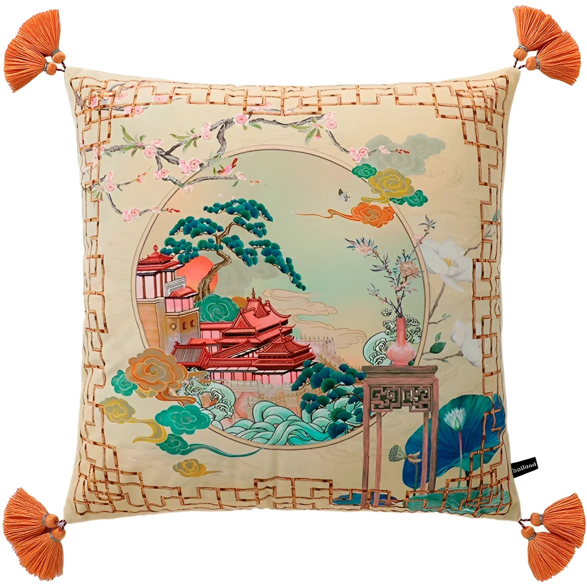 Elegant Oriental Palace Cushion Cover – Luxurious Pagoda, Blossoms & Vase Design