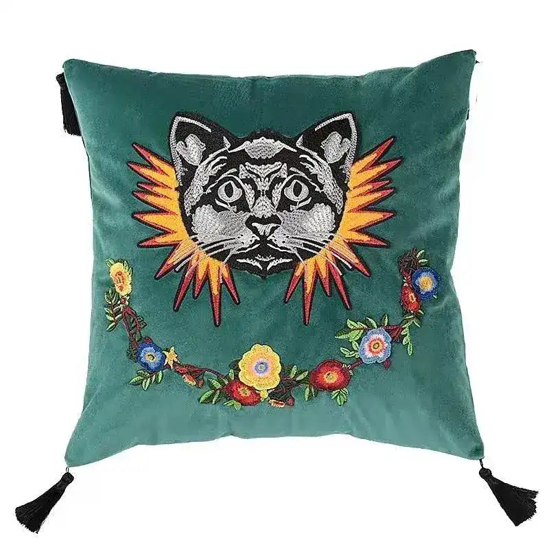 Embroidered Cat and Flowers Throw Pillow Cover with Tassels
