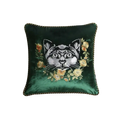 Embroidered Cat and Flowers Velvet Throw Pillow Cover - Green