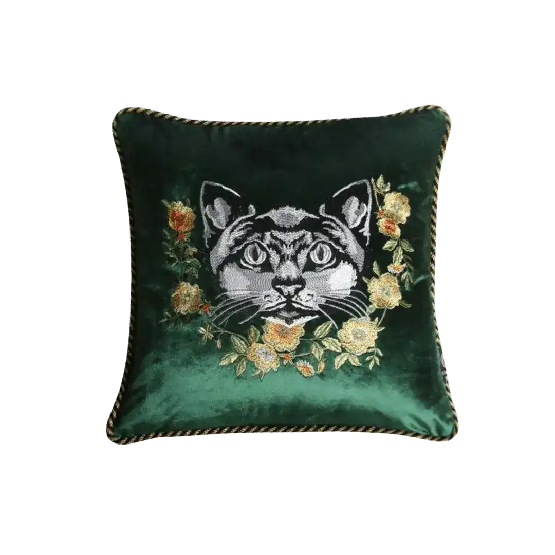 Embroidered Cat and Flowers Velvet Throw Pillow Cover - Green