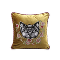 Embroidered Cat and Flowers Velvet Throw Pillow Cover - Yellow