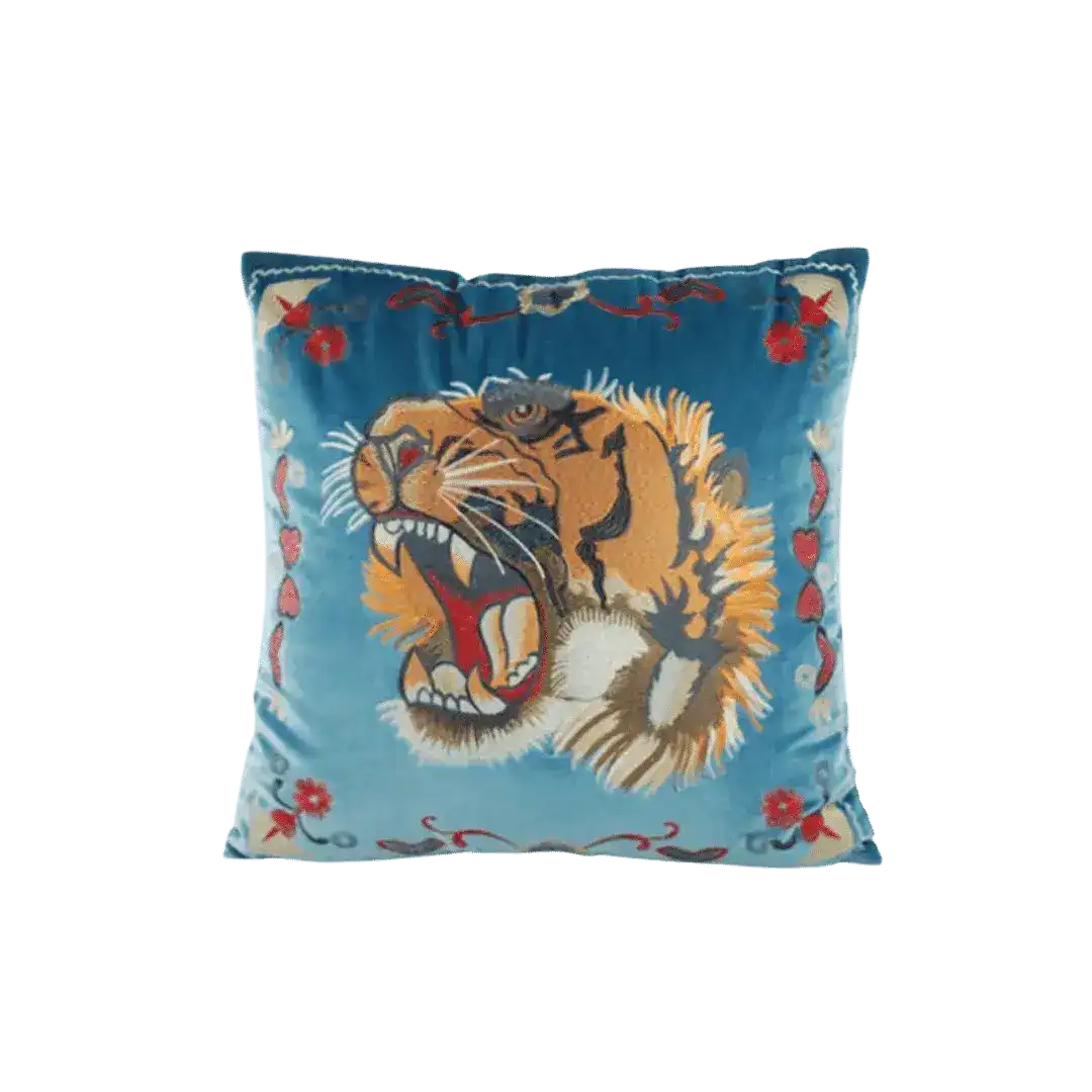 Embroidered Screaming Tiger Decorative Throw Pillow Cover - Blue
