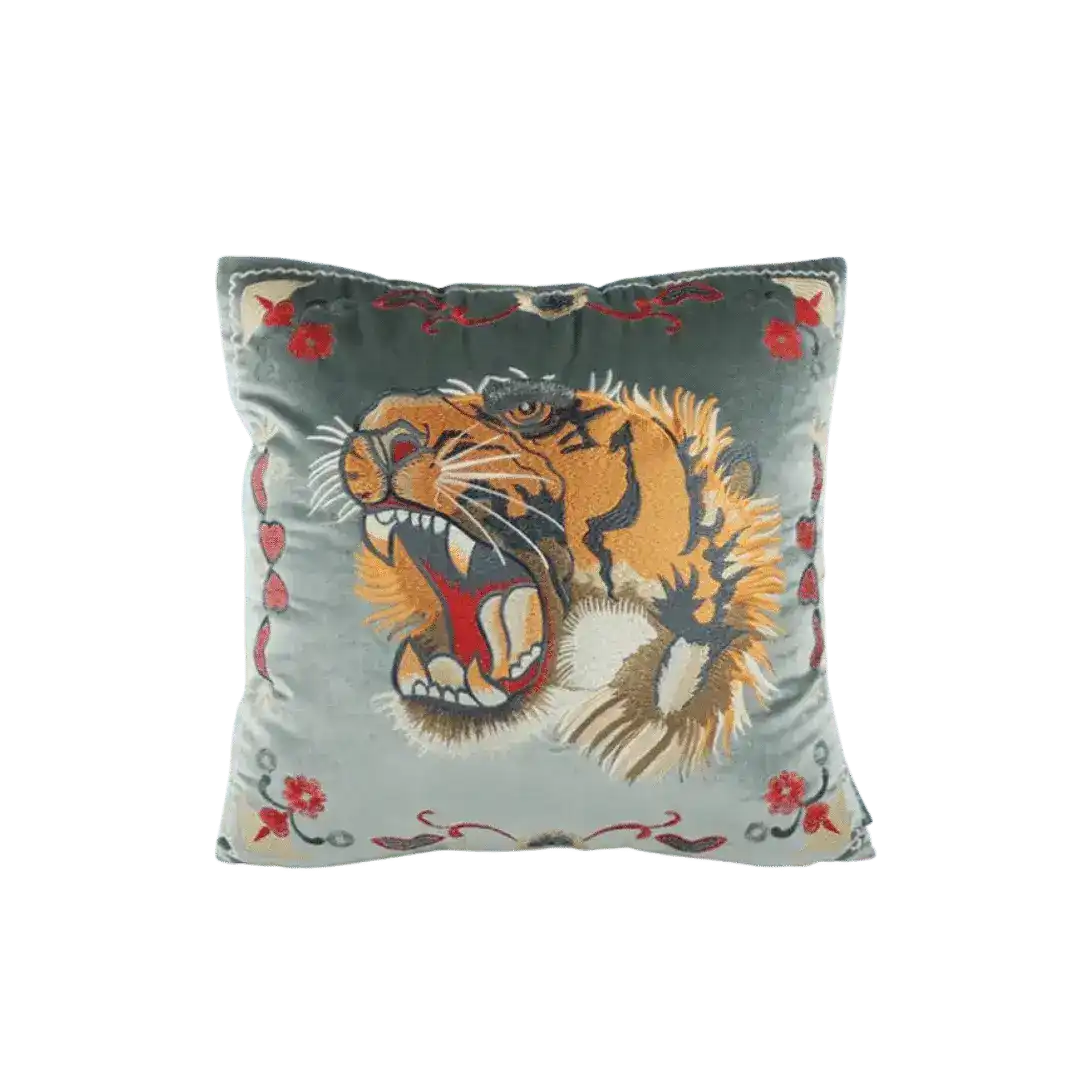 Embroidered Screaming Tiger Decorative Throw Pillow Cover - Gray