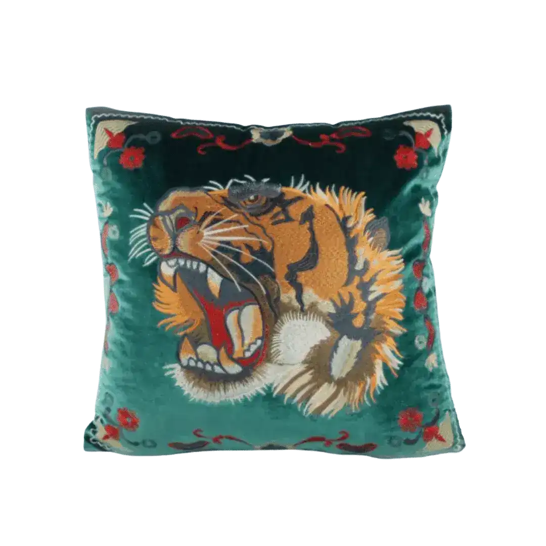 Embroidered Screaming Tiger Decorative Throw Pillow Cover - Green