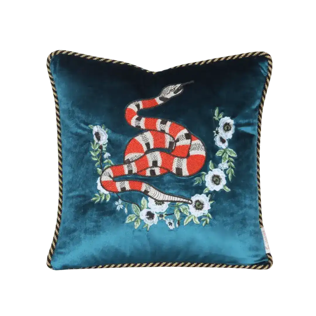 Embroidered Snake Velvet Accent Throw Pillow Cover - Blue