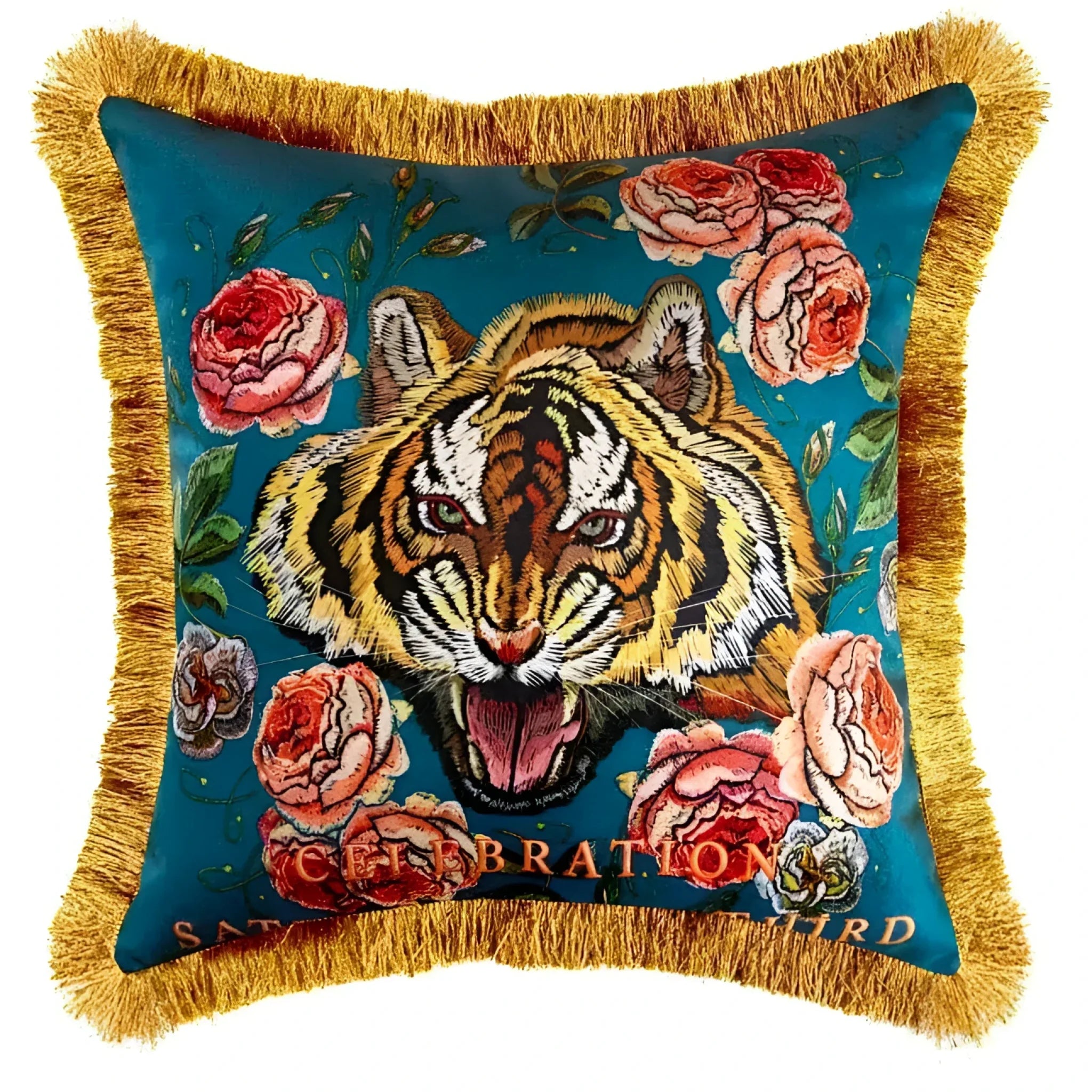 Floral Tiger Head Throw Pillow Covers with Fringes Blue 18"