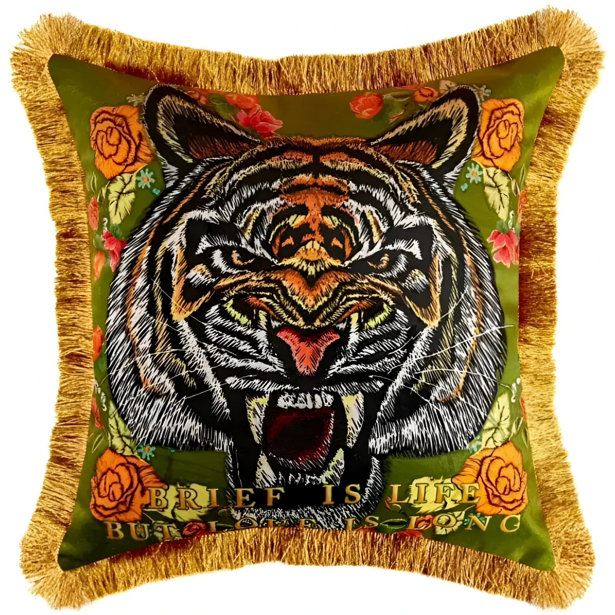Green Printed Tiger Head Throw Pillow Covers with Fringes 18"