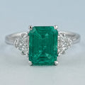Green Emerald  With Antique Diamond Three Stone Ring